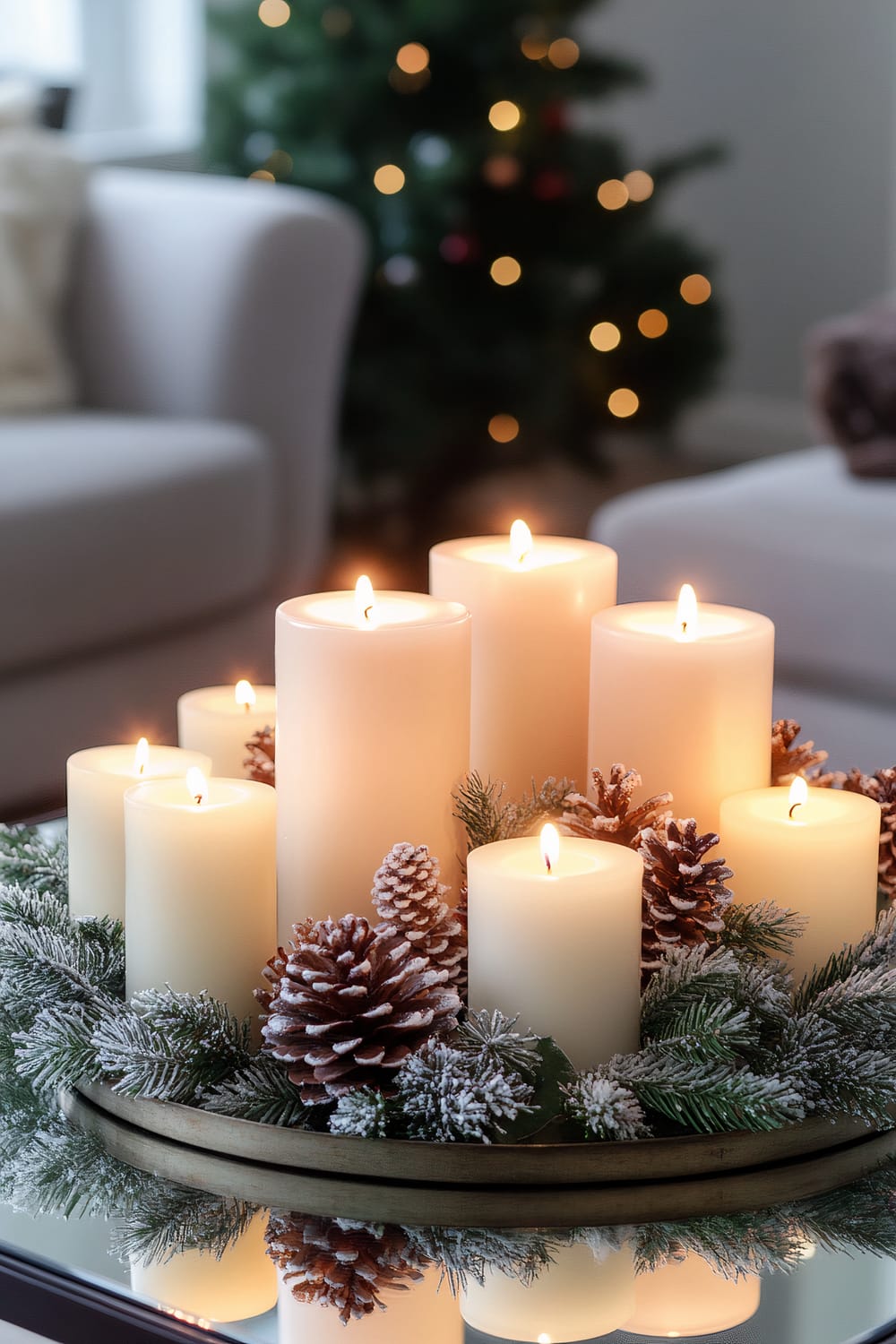 A close-up of a festive arrangement featuring multiple lit pillar candles of varying heights on a tray, surrounded by pinecones and evergreen branches with a dusting of artificial snow. In the background, blurred out, is a Christmas tree with warm lights and part of a white armchair.