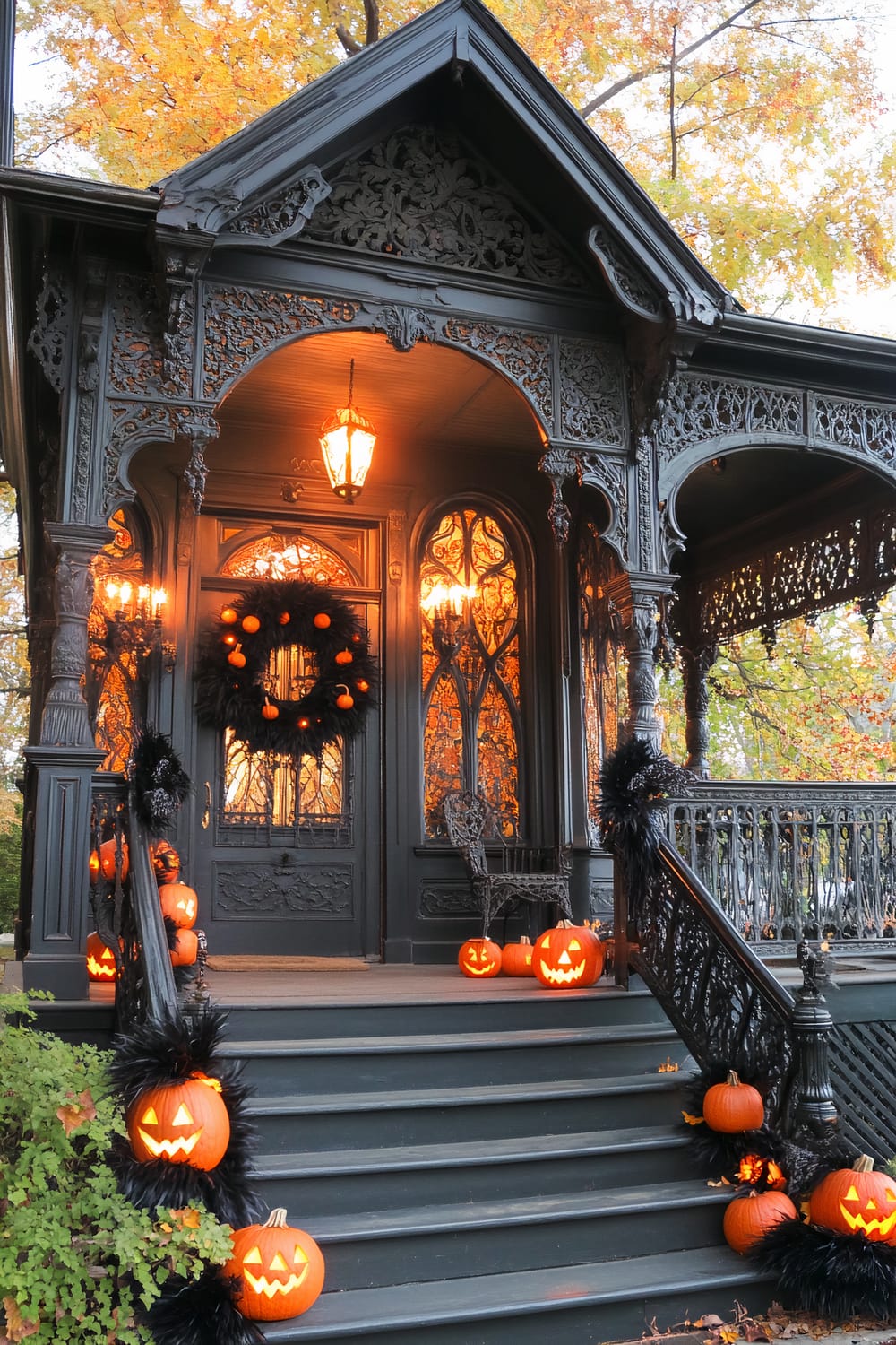 An ornate gothic porch adorned with elaborate wrought-iron designs is festively decorated for Halloween. At the forefront are glowing jack-o'-lanterns placed on either side of the grey-painted steps, along with black garlands. The entrance door, detailed with intricate carvings, has a large black wreath with small orange pumpkins hanging in the center. Warm amber lighting from inside casts a welcoming glow through the grey decorative doors and windows, complementing the autumn foliage seen in the background.