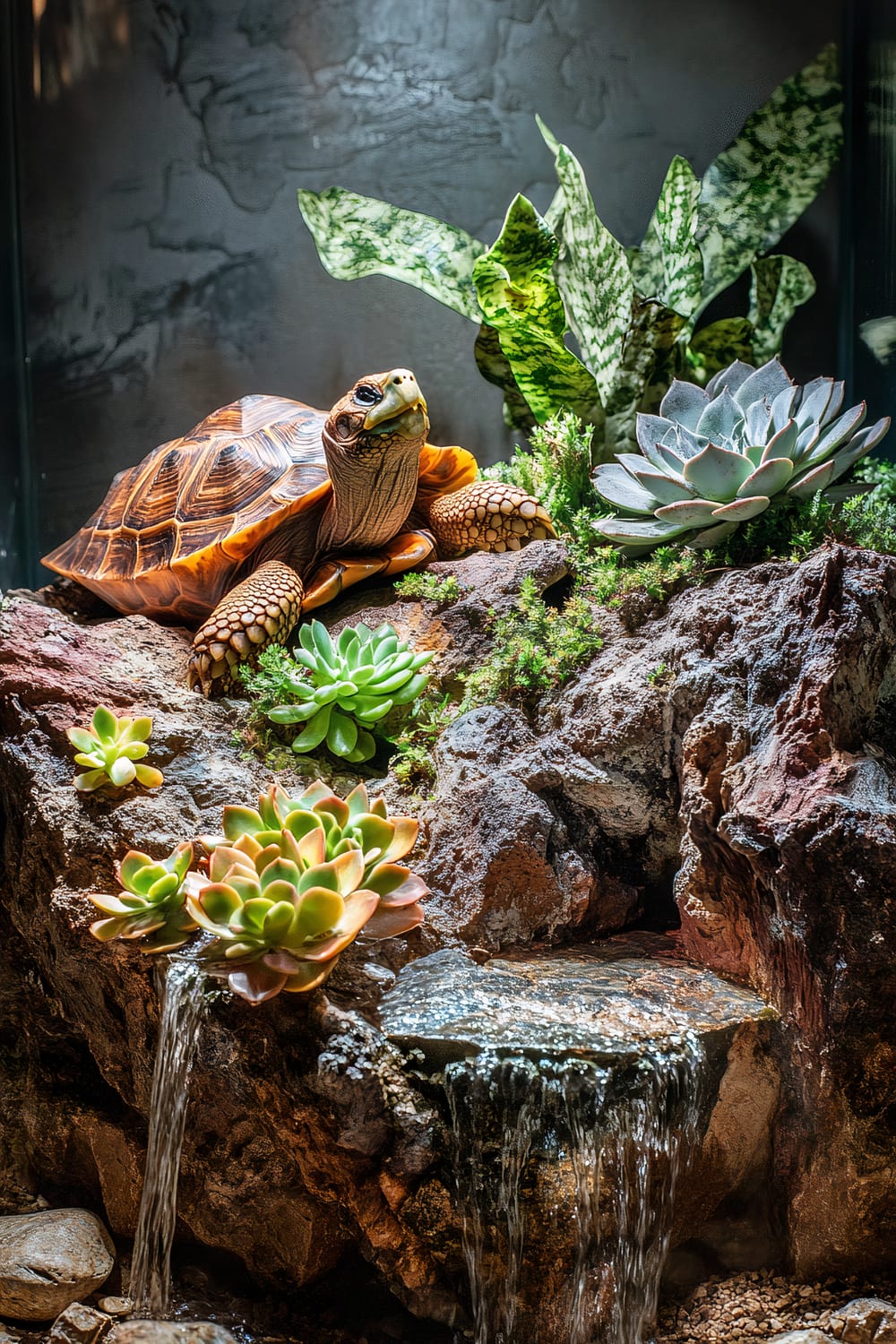 A turtle resting on a terrarium setup with a variety of succulents, a snake plant, rocky terrain, and small cascading waterfalls. The turtle is positioned on a rocky platform surrounded by green and reddish-copper-colored succulents. Detailed textures are visible in the turtle's shell and surroundings, and the scene is illuminated by a soft light highlighting the various elements.