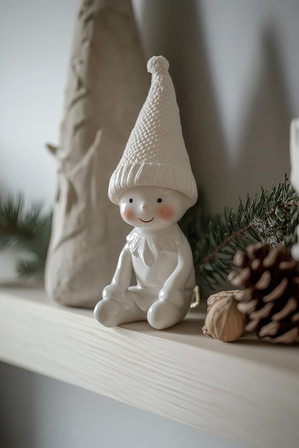 A white porcelain elf figurine with a knit-patterned hat is placed on a light wooden shelf. The elf has a cheerful face with rosy cheeks and is surrounded by natural elements like pinecones and greenery, adding a festive touch.