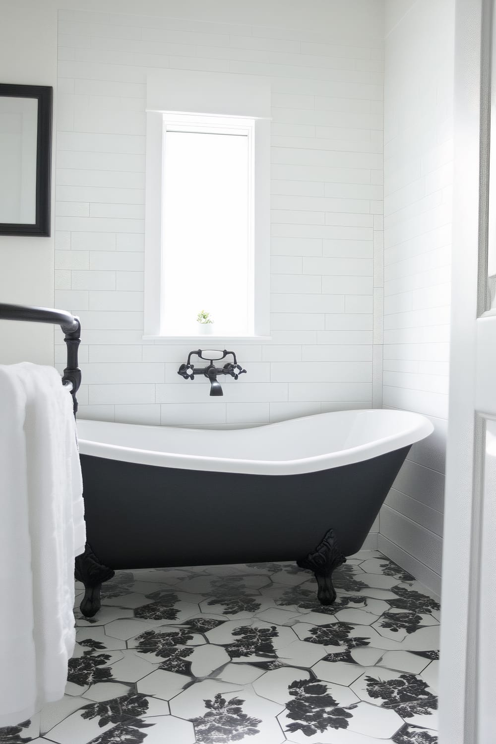 A bathroom with a freestanding black clawfoot bathtub positioned in front of a narrow window, featuring a black faucet. The walls are adorned with white subway tiles, and the floor is covered with hexagonal tiles that have a floral black and white pattern. A white towel is hanging on a nearby black towel rack, partially visible in the image.