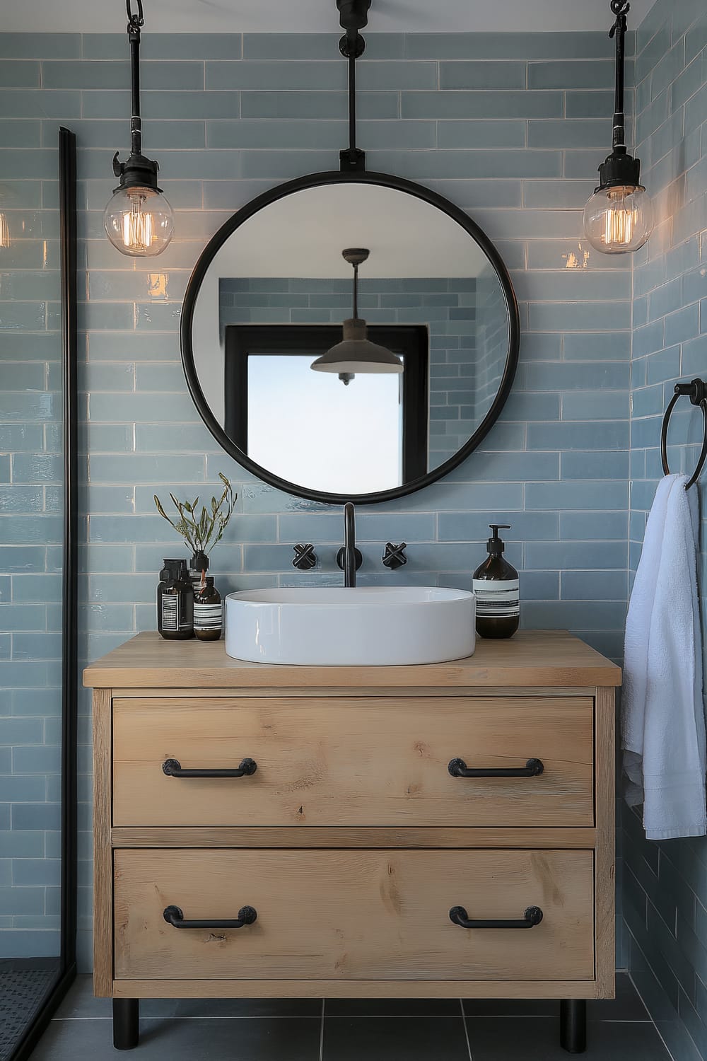 A well-designed bathroom with a modern, rustic aesthetic. The focal point is a wooden vanity with black handles, featuring a white, round vessel sink and a mounted black faucet. A round mirror with a black frame hangs above the sink, reflecting a window and a pendant light. Two black pendant lights with exposed filament bulbs hang on either side of the mirror, casting a warm glow. The background features light blue subway tiles, adding a soothing ambiance. A towel ring with a white towel is mounted on the right side of the vanity, complementing the overall decor.