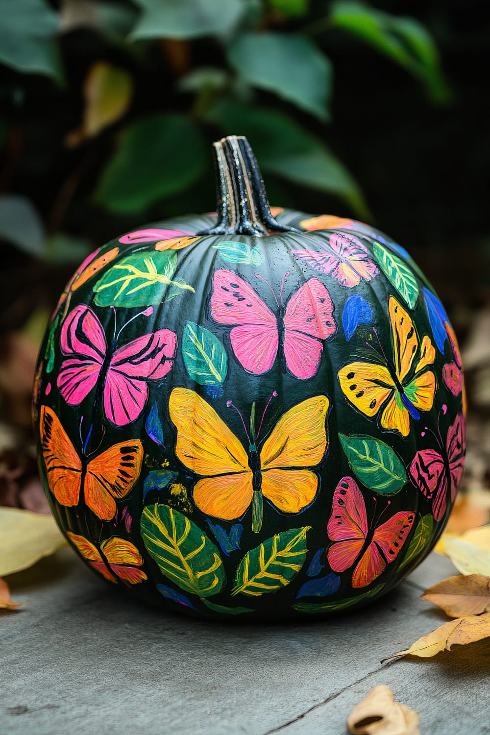 A black pumpkin intricately painted with colorful butterflies and leaves, featuring a variety of vividly colored butterflies in pink, orange, yellow, and other hues, set against a leafy background.