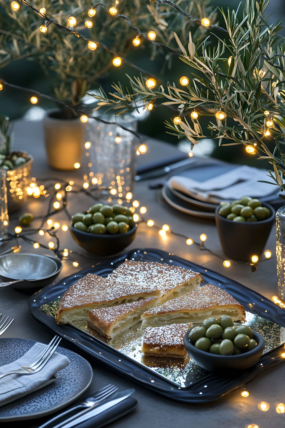 A picture of an outdoor patio table decorated for New Year’s Eve. The table is adorned with a black mirrored platter presenting six slices of Greek vasilopita, three bowls of olives, and two silver dessert forks. Gold and silver confetti pieces, along with two small potted olive branches, are scattered across the table. Overhead, 20 warm white string lights are strung in a crisscross pattern, casting a soft glow on the setup and giving the atmosphere a magical touch.