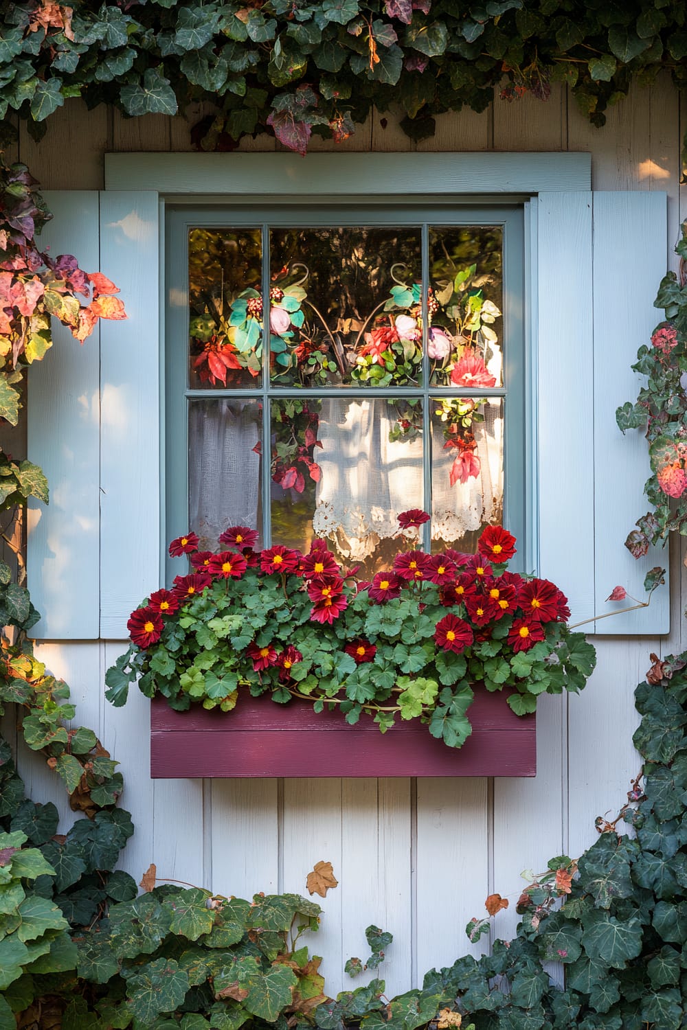 A charming window adorned with red flowers and lush greenery against a backdrop of light blue wooden siding. The window box below the window is filled with vibrant red flowers in full bloom, and the edges of the siding are covered with leafy vines, some tinged with autumn colors. The interior of the window shows decorative elements with a whimsical touch, featuring colorful items and a white lace curtain partially drawn.