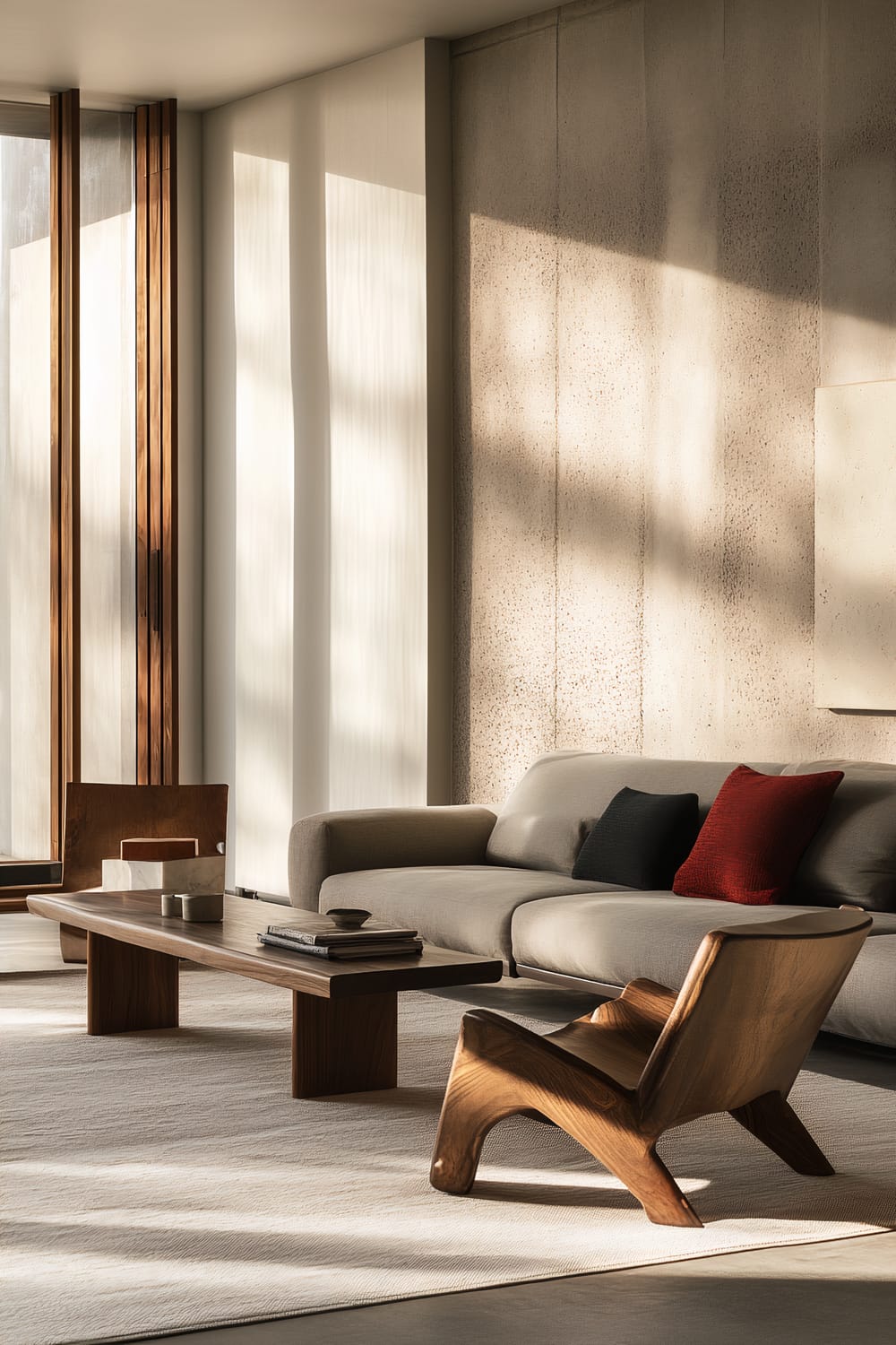 A minimalist living room with a sleek low-profile gray sofa and matching chairs. A simple low-height wooden coffee table sits in front. Bright natural light floods the room through large windows, creating an open and airy feel. A few vibrant accent pillows in red and black add a touch of color, maintaining a calm and uncluttered environment.