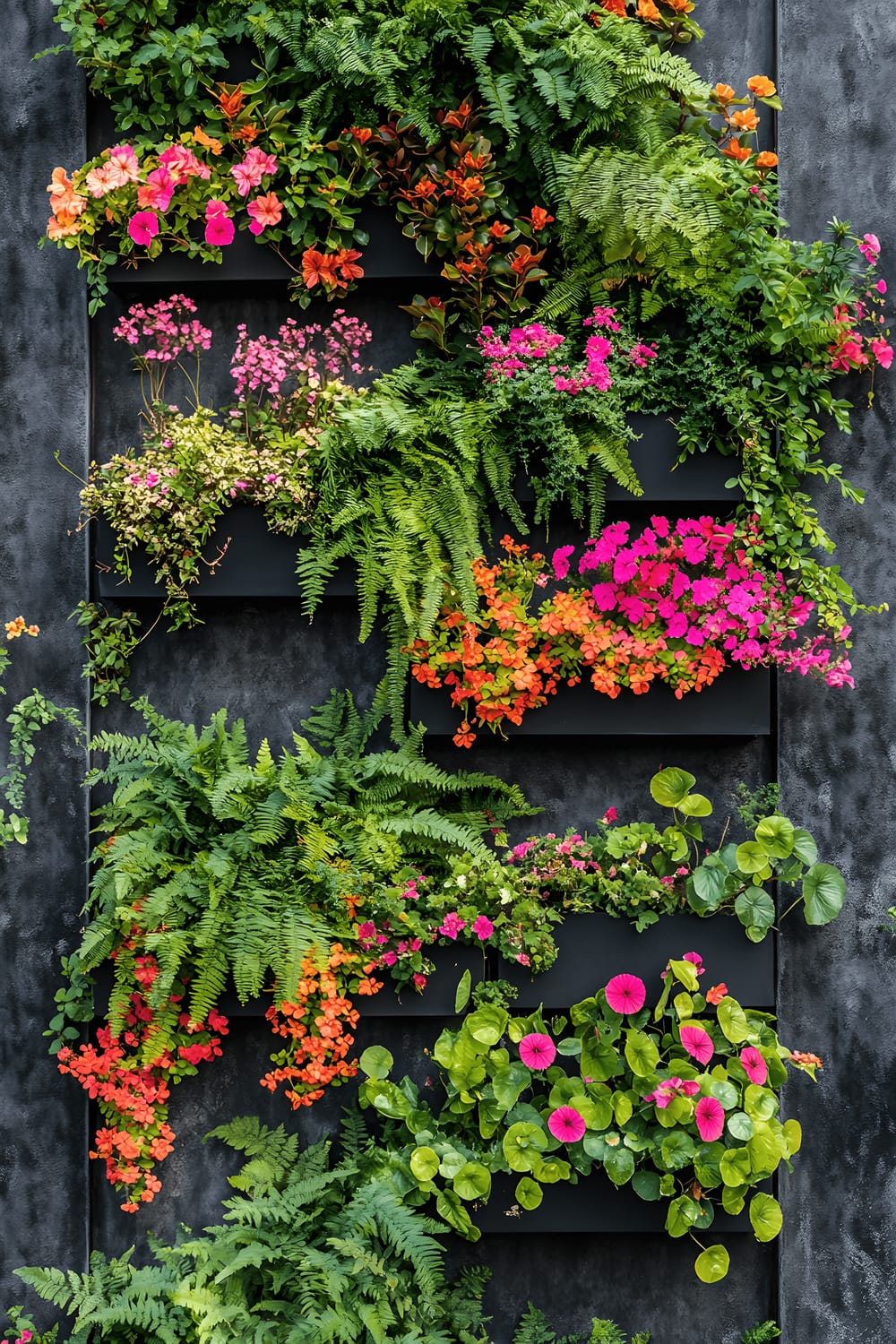 A modern garden wall decked with matte black vertical planter boxes filled with a dynamic mix of green ferns, cascading ivy, and blossoming plants like geraniums and petunias, all under the soft glow of integrated LED lights.