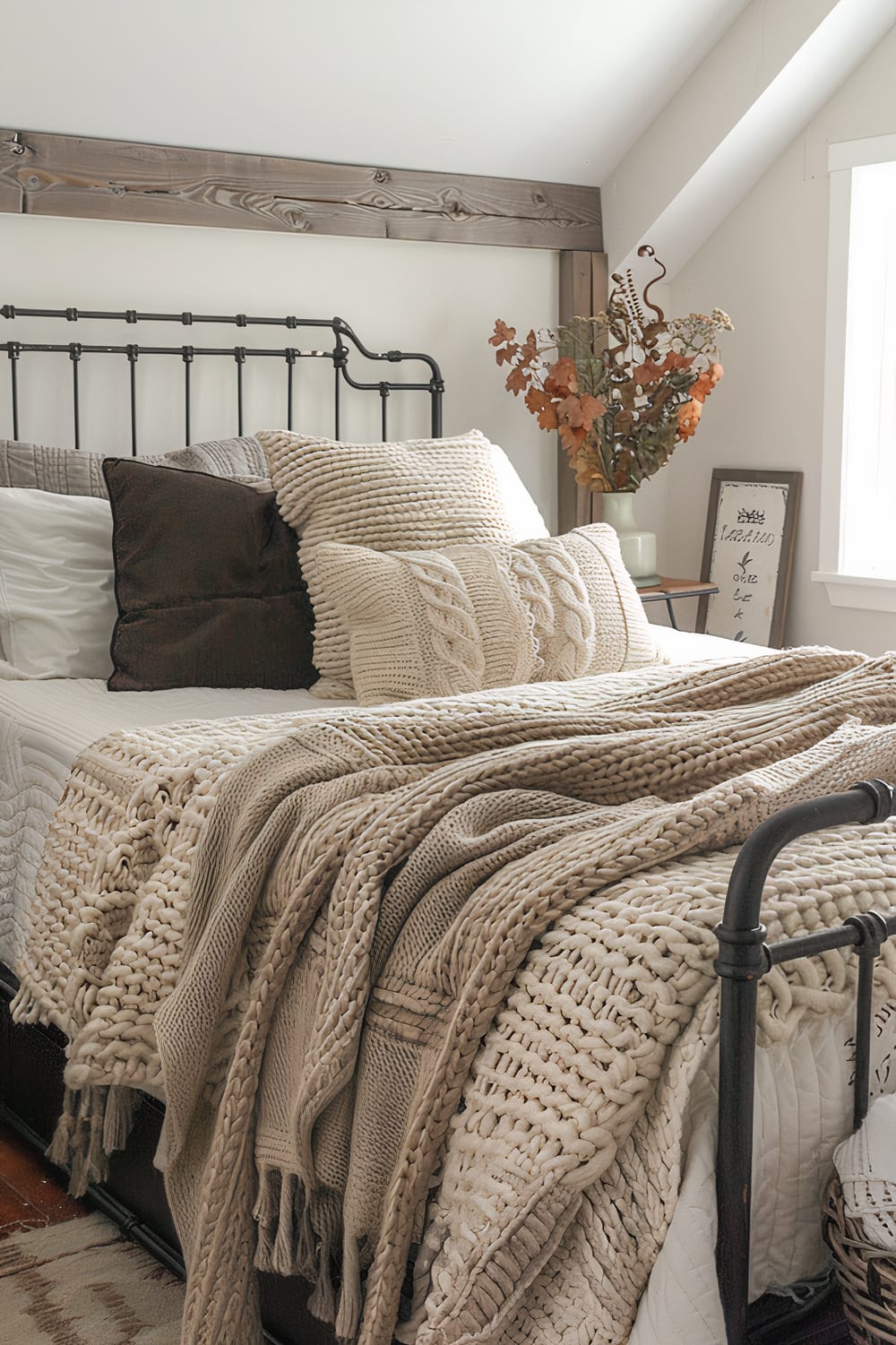 Image of a bedroom with an industrial-style iron bed frame. The bed is adorned with thick, textured knit blankets and several knit pillows in neutral tones. A small bedside table holds a vase with dried floral arrangements and a framed piece of art. The wall features exposed wood beams, and sunlight streams through a nearby window.