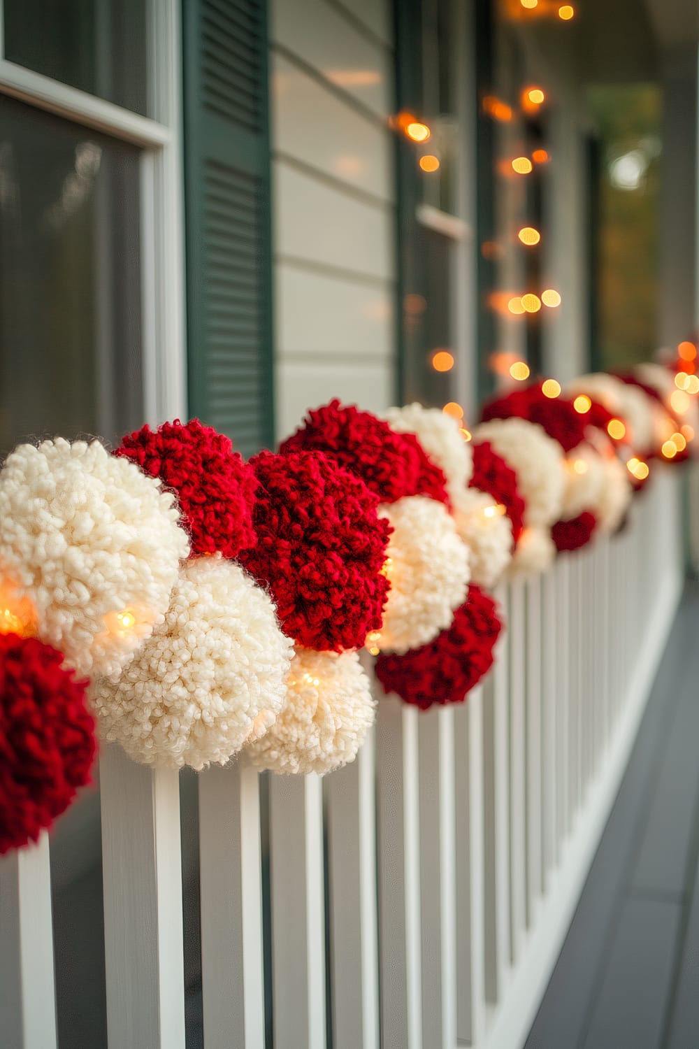 An oversized knitted pom-pom garland draped over a simple porch railing. The garland features alternating bold red and white pom-poms. Gentle string lights are intertwined, giving off a cozy glow. The backdrop includes gray muted tones and the porch features a green shutter and window.