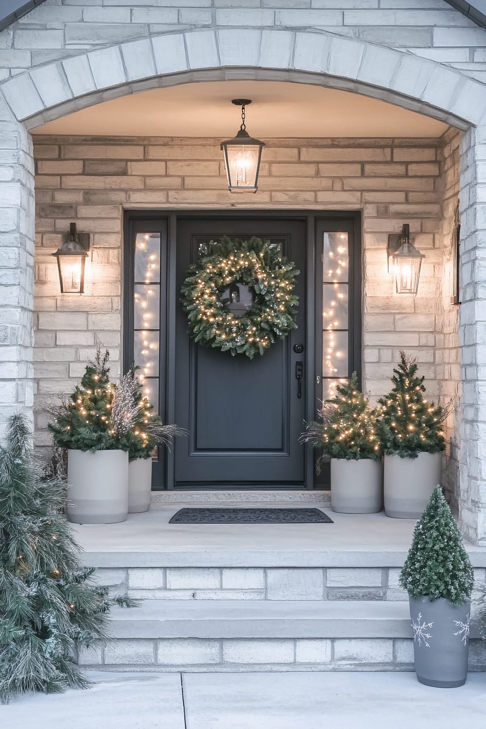 A charming front door of a house adorned with festive Christmas decorations. The door is painted a dark gray, complemented by a lush wreath illuminated by tiny string lights. Flanking the door are four potted miniature evergreen trees also decorated with string lights. Two rustic lanterns mounted on the brick walls on either side of the door provide lighting. Above, a single hanging lantern illuminates the porch area, blending seamlessly with the warm and inviting aesthetic.