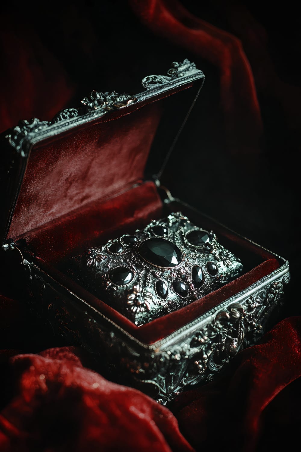 Closeup of an ornate jewelry box slightly open, revealing dark gemstones emitting a soft eerie glow. The box is set against a rich velvet background with dramatic side lighting creating mysterious shadows. The overall atmosphere is posh and spooky, suitable for Halloween.