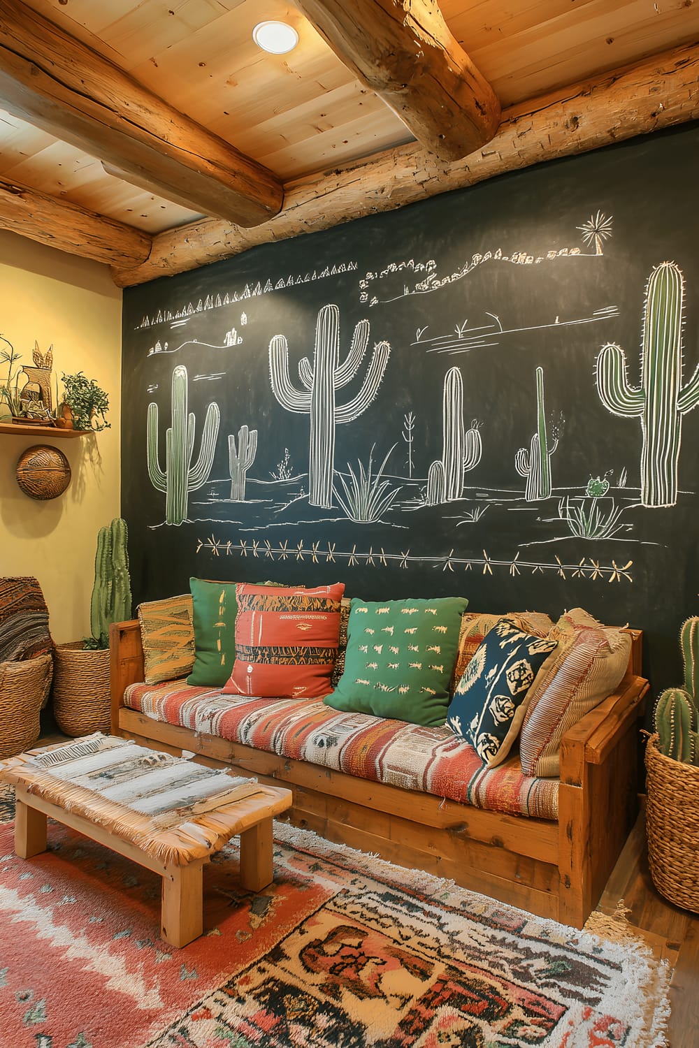 A Southwestern desert-inspired living room with a terracotta-colored chalkboard wall adorned with cactus-themed chalk art in various shades of green and white, depicting diverse cactus species and desert landscapes. The room is furnished in an adobe style, featuring woven textiles, wooden accent pieces, and natural fiber rugs underfoot. The warm, natural lighting illuminates the room, casting a soft light on the chalkboard wall and enhancing the earthy tones of the decor.