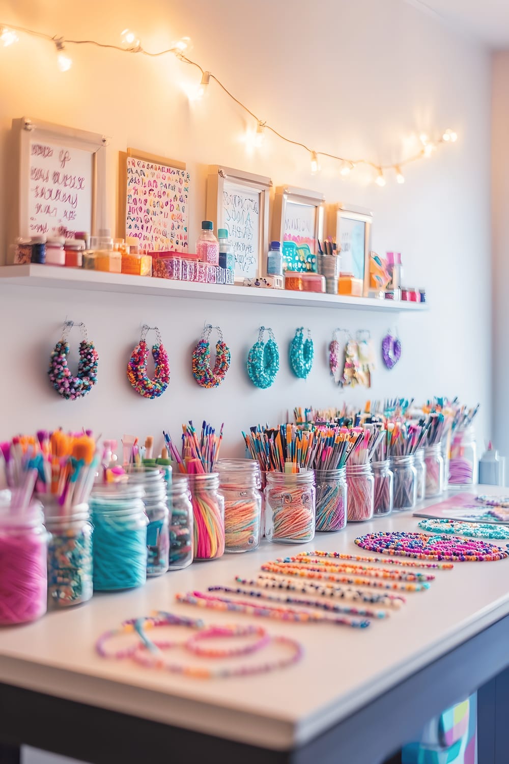 A well-organized craft table filled with vibrant threads of various shades, glass beads, small scissors, glue sticks, and decorative charms neatly placed within mason jars. Above the table, one can see displayed frames with inspirational friendship quotes, while string lights hanging overhead deliver a warm, inviting glow to this creative space.