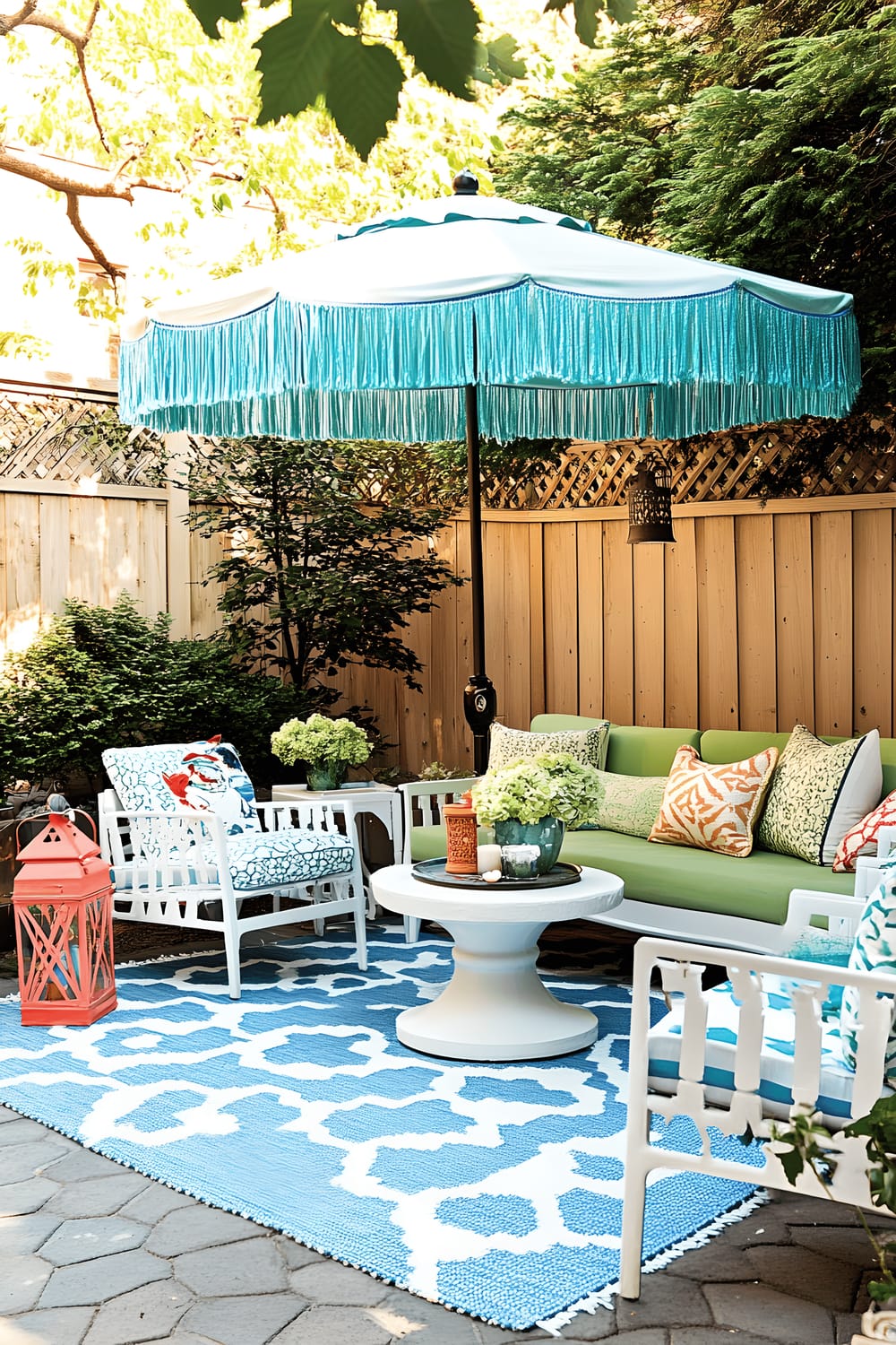 A vibrant backyard patio featuring a large turquoise tasseled umbrella shading a white circular dining table with matching chairs, a green cushioned sofa with bird-themed pillows, a small coral side table, a blue-and-white geometric outdoor rug, and potted hydrangeas nestled within lush greenery and wooden fences.