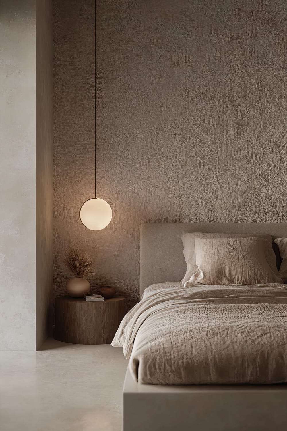 A contemporary bedroom features a textured accent wall in soft taupe. The scene, shot from a diagonal perspective, highlights the wall’s depth and texture. Cozy bedding in neutral tones is layered on a minimalist bed. Ambient side lighting enhances the textures. A round wooden side table next to the bed holds a vase with dried plants and a few small decorative items. A spherical pendant light hangs above the table.