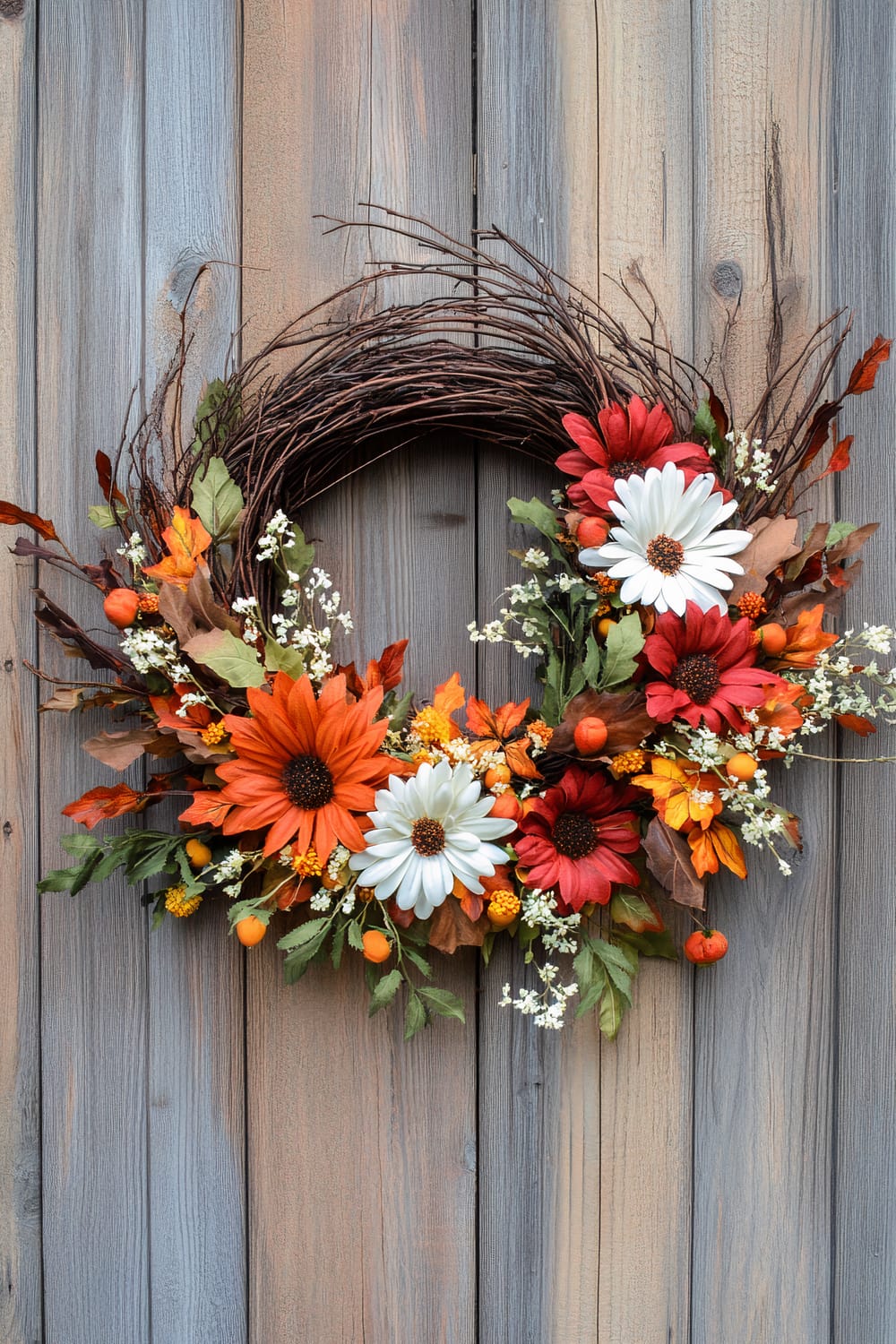 A grapevine wreath adorned with autumnal decorations hangs against a weathered wooden background. The wreath features a vibrant mix of red, orange, and white artificial flowers, interspersed with green and brown leaves and small white blossoms. Bright orange berries are scattered throughout the design, adding an extra pop of color and texture.