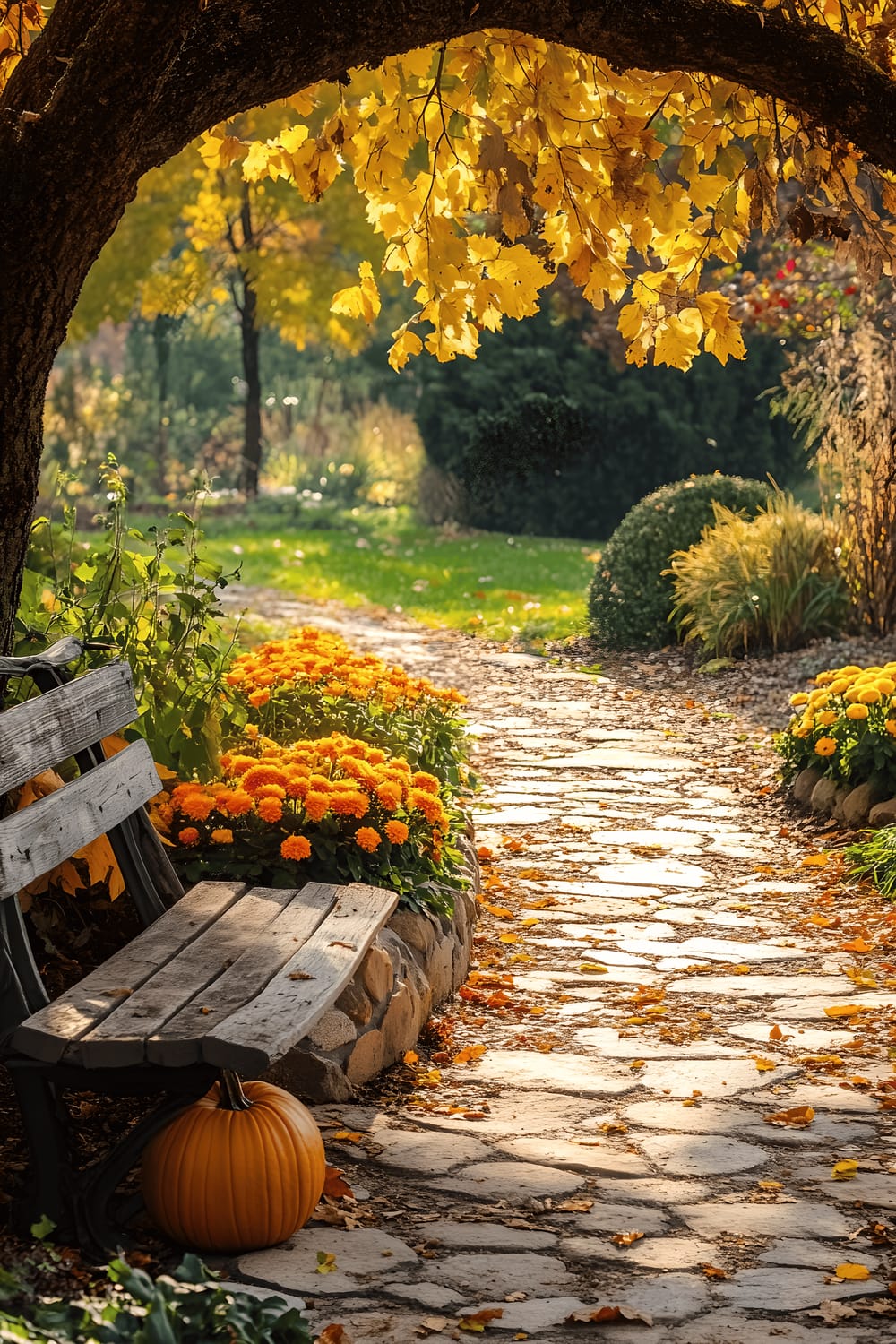 A picturesque garden during autumn with a curving stone path traversed by vibrant orange and yellow mums. A rustic wooden bench invites spectators to sit and enjoy the scenery. Golden leaves are strewn across the walkway and grass, basking under the warm afternoon sun streaming through the branches of an old towering oak tree.