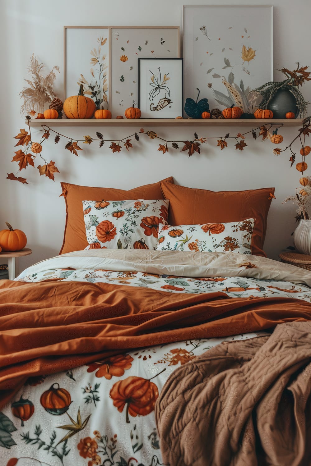 A cozy bedroom decorated for autumn with deep orange bed linens and floral-patterned pillows with pumpkins and flowers. Above the bed, a wooden shelf displays small pumpkins, dried leaves, and framed botanical prints. A garland of autumn leaves and pinecones drapes across the shelf. Beside the bed on a small table sits an additional small pumpkin and a beige vase with dried grasses.