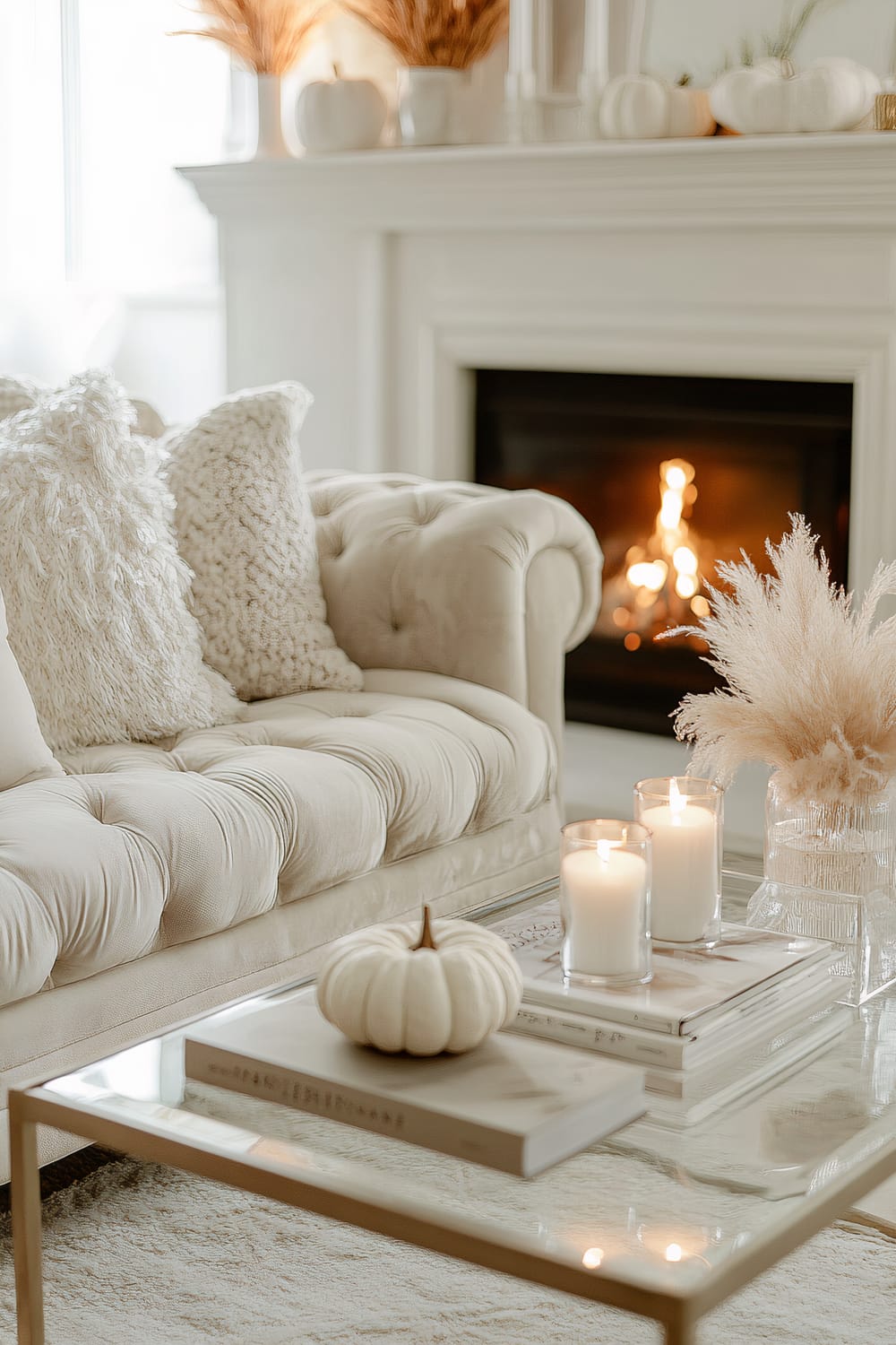 A warm and inviting living room scene featuring a tufted beige sofa adorned with fluffy cream-colored pillows. In front of the sofa, a glass-top coffee table holds a stack of books, white candles in glass holders, and a small white pumpkin. A fireplace with a lit fire enhances the cozy atmosphere, framed by a white mantel decorated with more white pumpkins and dried floral arrangements. The overall color scheme is neutral and soothing.