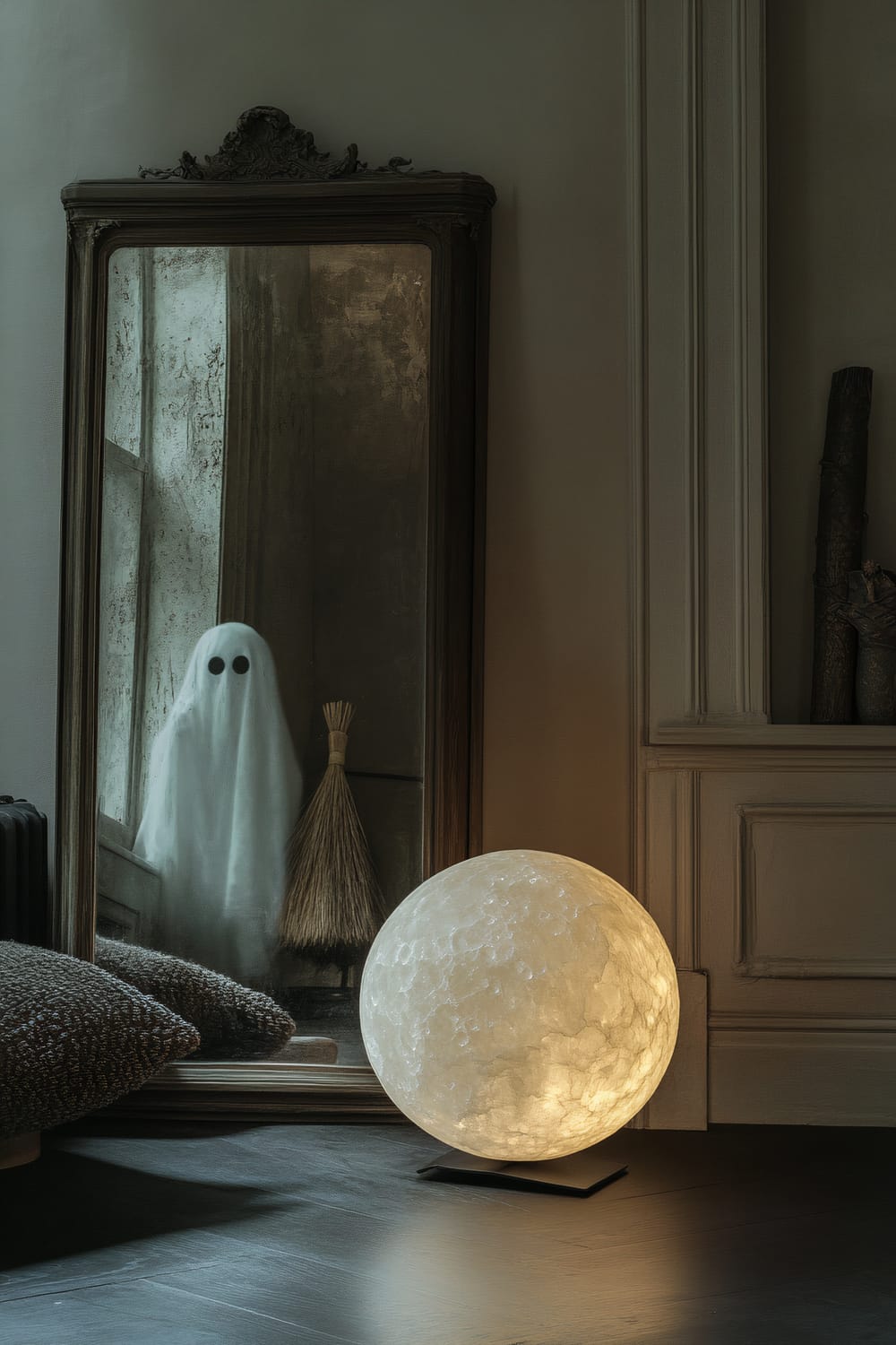 A stylish living room featuring a large, glowing moonstone on the floor beside an antique mirror. The mirror reflects a ghostly apparition and a witch's broom, all under dramatic, low-key lighting.