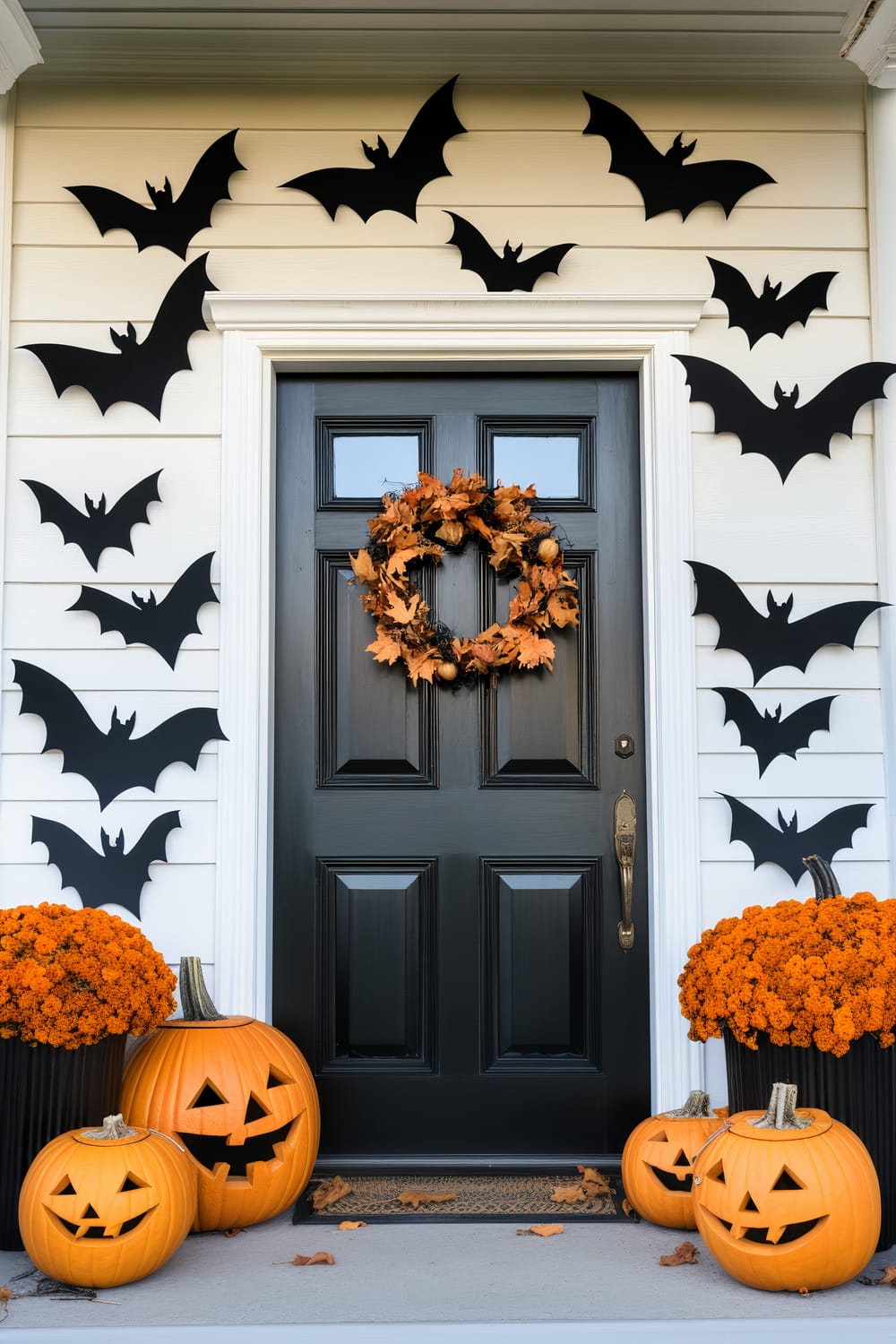 An entrance door decorated for Halloween with a black door adorned with an autumnal wreath made of orange leaves. Flat black bat cutouts are stuck to the surrounding white walls. At the foot of the door, there are orange blooming chrysanthemums in black planters and carved jack-o'-lantern pumpkins with smiling faces.