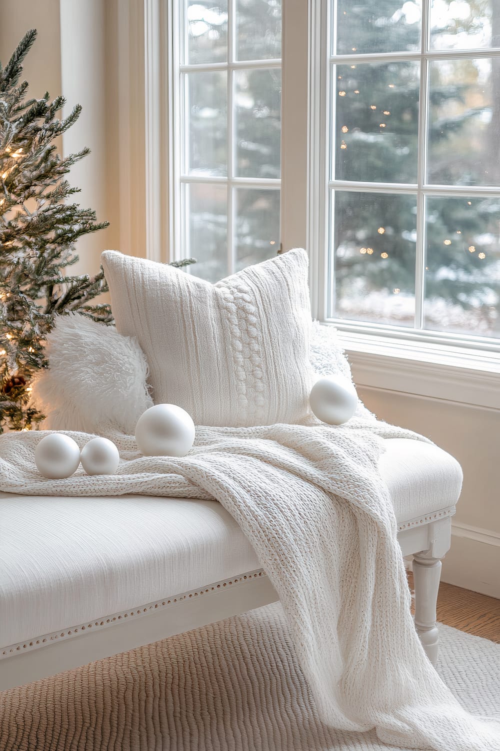 A modern white bench is adorned with a mix of white and light gray holiday textiles, including a knitted blanket and textured pillows. It is positioned near a large window with a soft glow from warm ambient lighting. The scene is decorated with small white ornaments and a plush rug, with a decorated Christmas tree in the background.