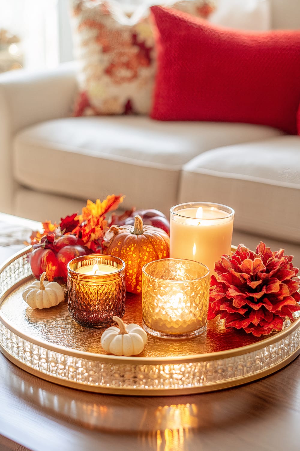 A close-up of a coffee table adorned with a gold tray that holds various fall-themed items. The tray contains lit candles in different glass holders, small decorative white gourds, a larger orange pumpkin, red-orange leaves, and a large red pinecone. Behind the tray is a white sofa with a red pillow and an autumn-patterned throw pillow.