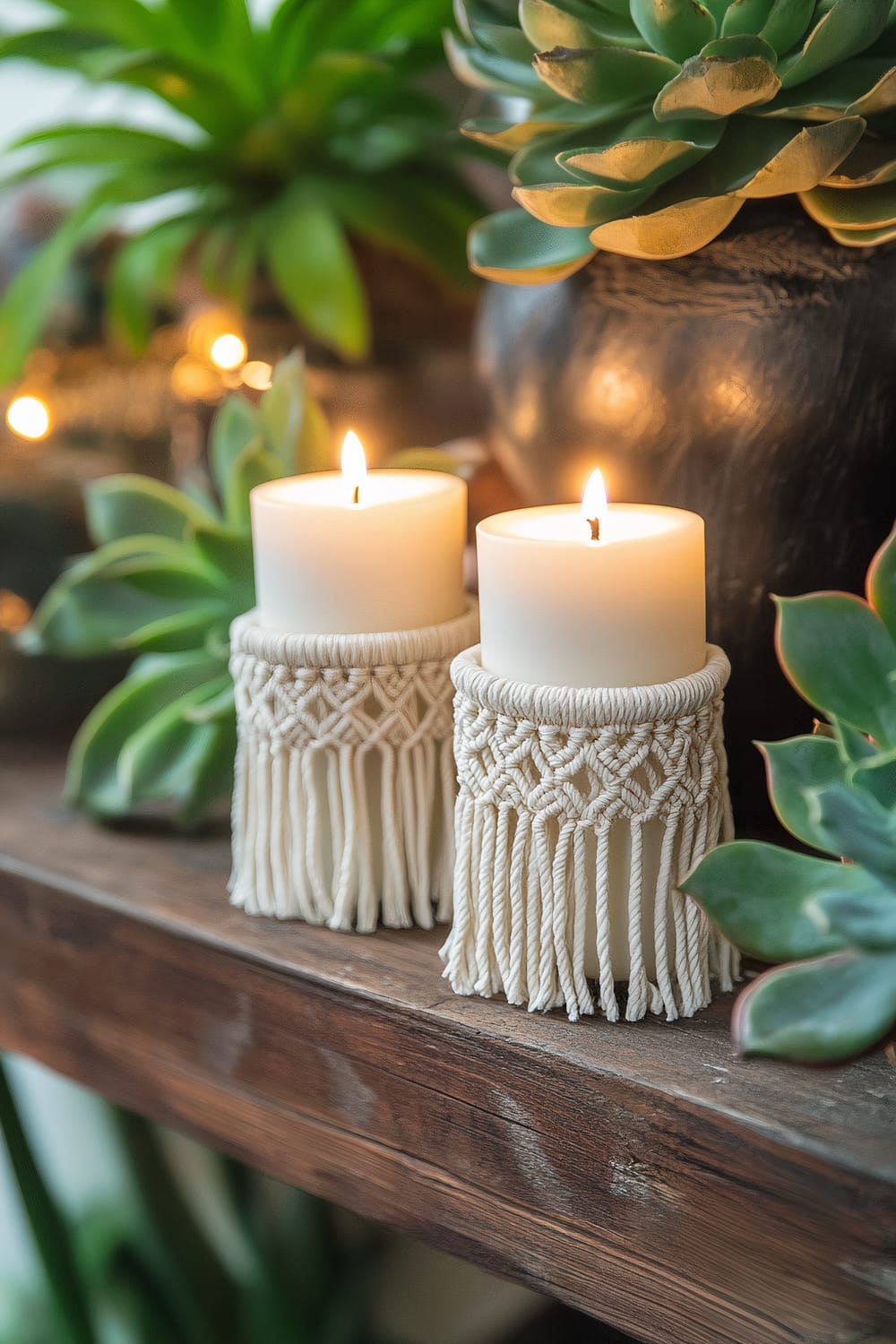 Two white candles wrapped in intricate macramé holders, placed on a distressed wooden shelf. The scene is decorated with lush green succulents and illuminated by warm ambient lighting.