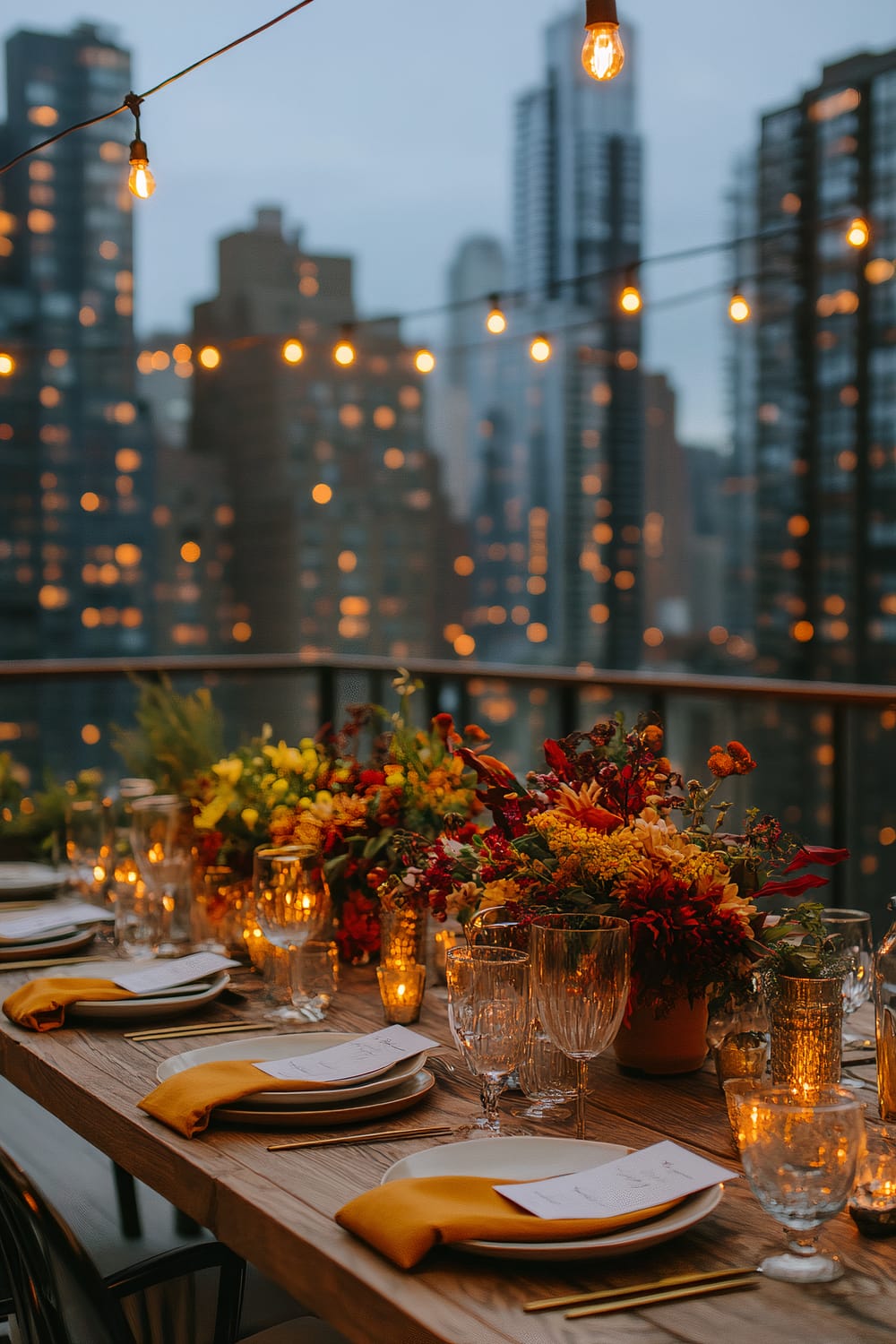 A beautifully set dining table on an outdoor balcony is adorned with vibrant floral centerpieces and surrounded by glowing string lights. The city skyline with tall buildings lit up by windows in the background creates an enchanting evening ambiance. Each place setting features yellow napkins, white plates, clear glasses, and printed menus, while numerous small candles add a soft, warm glow to the setting.