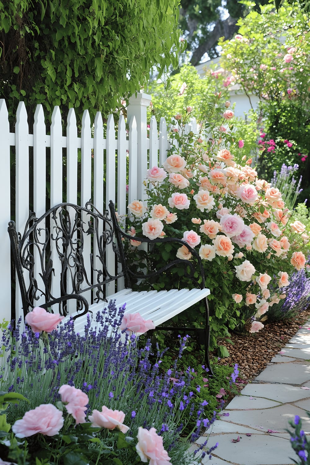 A small and charming garden enclosed by a white picket fence. The garden is filled with pastel roses and lavender. In one corner, there's an antique wrought-iron bench catering to a tranquil atmosphere.