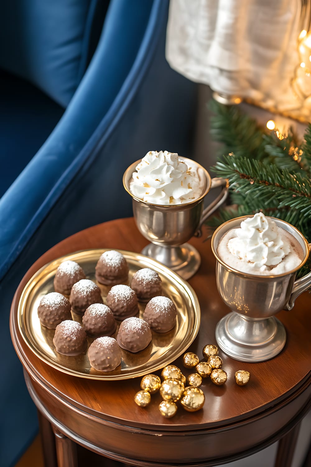 A warm living room corner set up for New Year's Eve featuring a wooden side table with a plate of neatly arranged brigadeiros, a small golden bowl filled with assorted nuts, and two silver tea cups filled with hot cocoa topped with whipped cream on it. The area around the table is decorated with scattered golden confetti and a small potted evergreen plant. The background showcases a deep royal blue fabric, while ambient lighting from a nearby lamp enriches the festive and welcoming atmosphere.