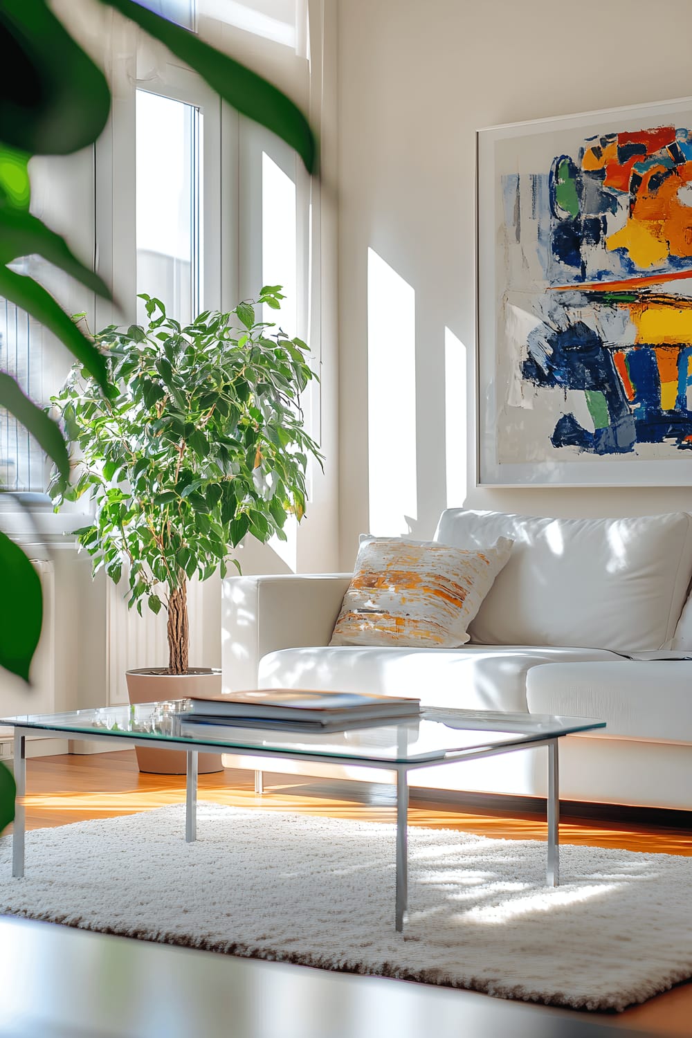 An interior view from the entrance door of a bright and airy apartment living room featuring a minimalist white sofa, a glass coffee table, a vibrant green plant, a large abstract artwork, and multiple windows letting in an abundance of natural light.