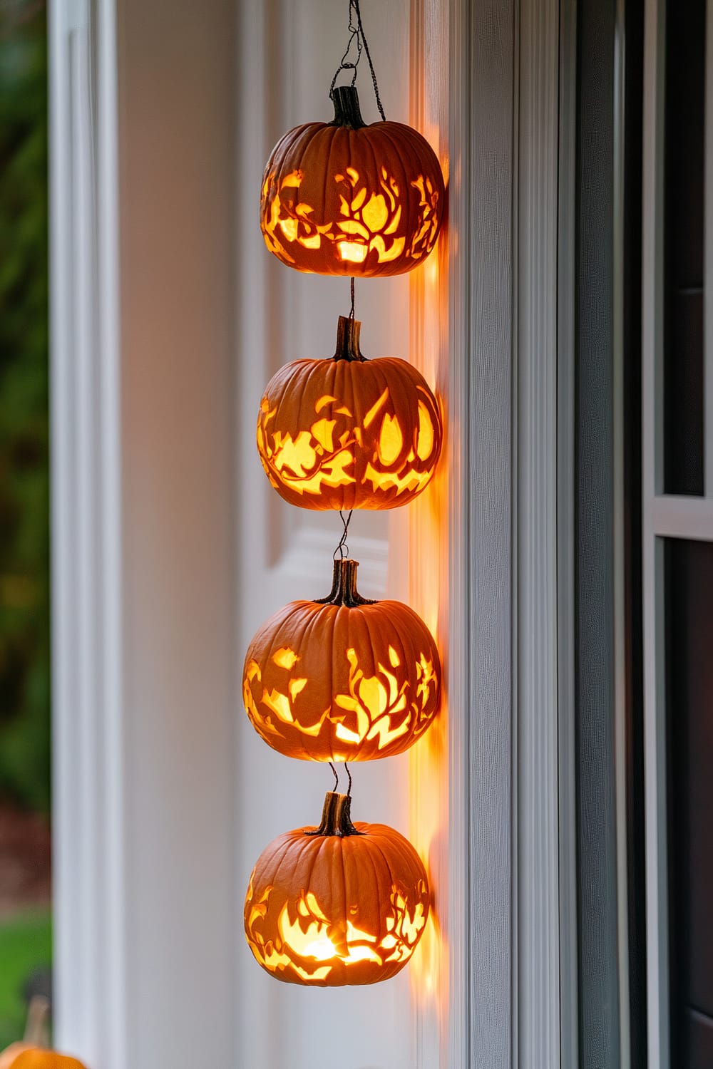 Four intricately carved and illuminated pumpkins are hanging vertically on the exterior wall of a house. The designs feature elaborate floral and vine patterns, with warm light glowing from within each pumpkin, casting a soft and inviting ambiance. The white siding of the house contrasts with the orange pumpkins, enhancing their visual appeal.