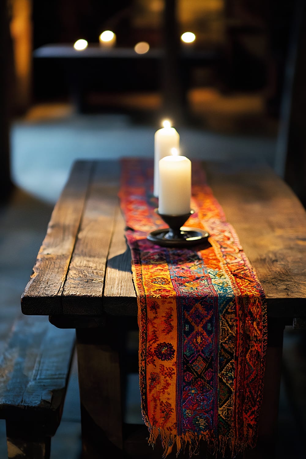 A wooden table with a vibrant patterned table runner in shades of orange, red, and blue. The runner features intricate designs and is topped with a white candle placed in a black holder.