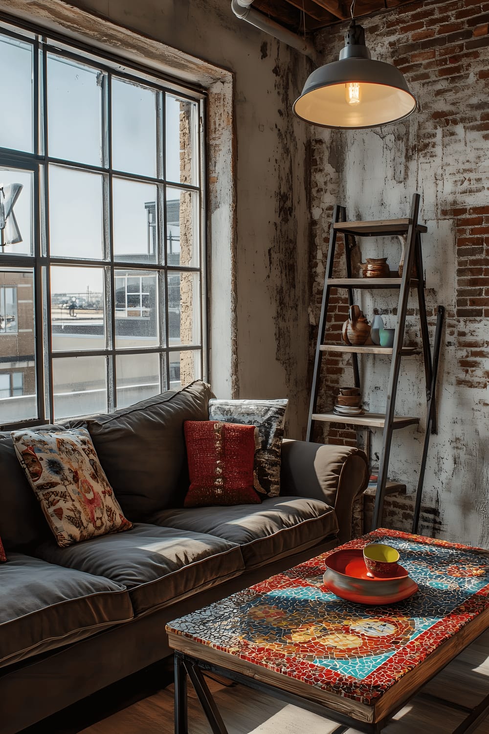 A compact loft-style living room with rustic and industrial elements. The room features a reclaimed wood sofa with metal piping and a coffee table with a vibrant mosaic tile inlay. The walls are brick, adding texture to the space, and a metal ladder shelf displays various colorful ceramic pieces. The room is lit by large industrial-style windows and a sleek, metal pendant lamp.