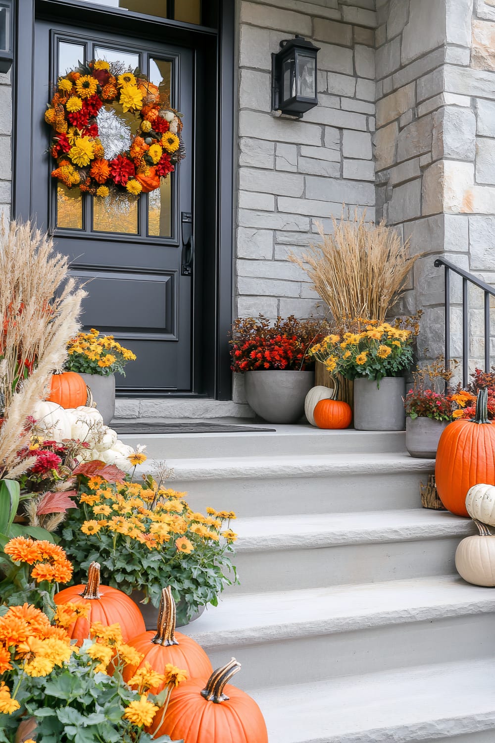 An outdoor home front porch decorated for autumn. It features a black front door adorned with a vibrant wreath made of sunflowers and fall flowers in shades of yellow, orange, and red. The porch steps are lined with various sizes of pumpkins, potted autumn flowers, and clusters of harvest wheat in large pots. The house exterior showcases a mix of stonework and brick, and two black lantern-style light fixtures flank the door.