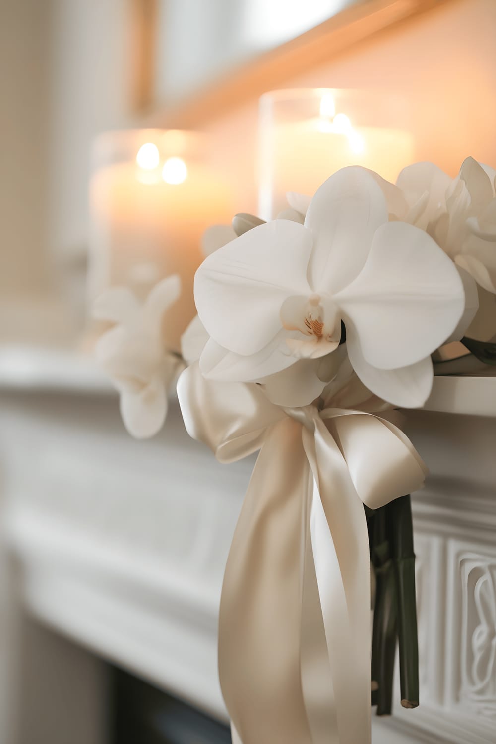 A tranquil scene featuring a single, delicate white orchid tied with a silk ribbon, displayed against the neutral backdrop of a mantel under the soft, warm glow of lit candles.