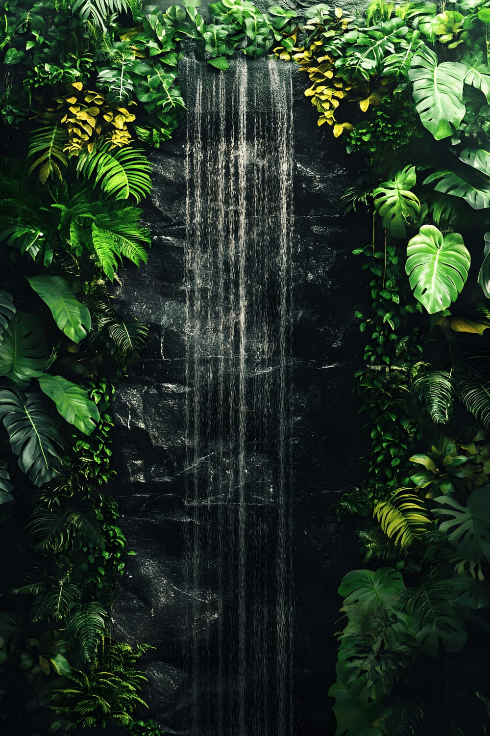 A modern living wall filled with a variety of green plants including ferns, pothos, and succulents, with a sleek waterfall cascading down a dark stone surface adding a sense of tranquility to the scene.