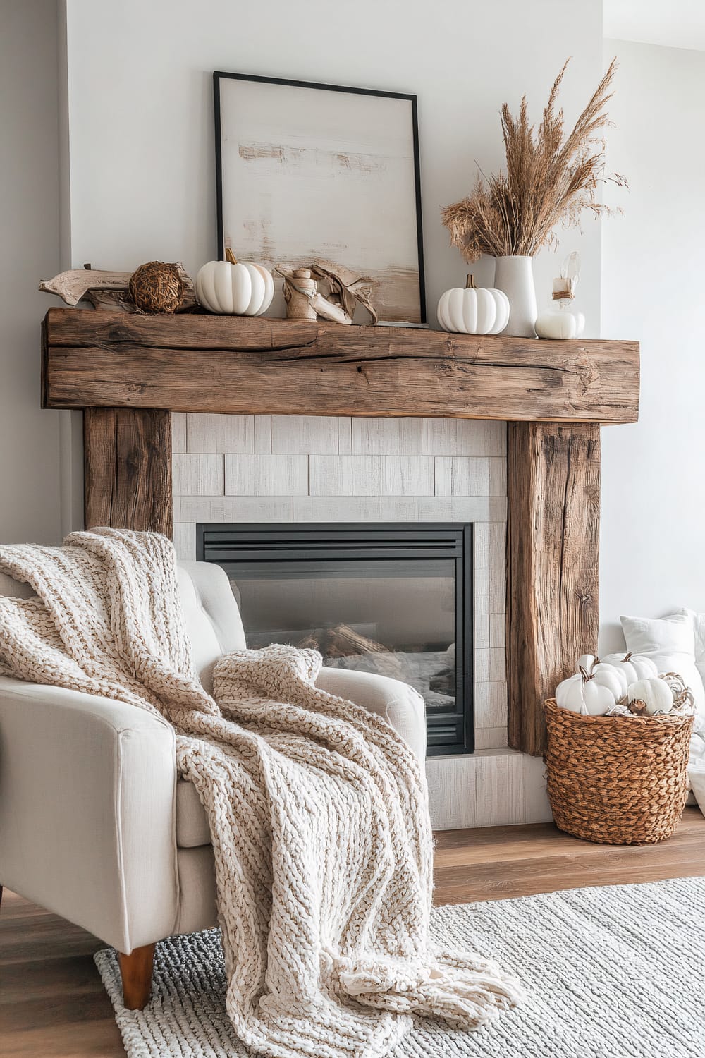 A tastefully decorated living room corner features a textured wooden fireplace mantle adorned with a minimalist framed artwork, small white pumpkins, and natural elements like dried branches in a vase. The area below the mantle showcases gray brick tiling around the fireplace. A beige armchair draped with a thick, knitted blanket sits beside a wicker basket filled with additional white pumpkins, complementing the fall-themed decor.