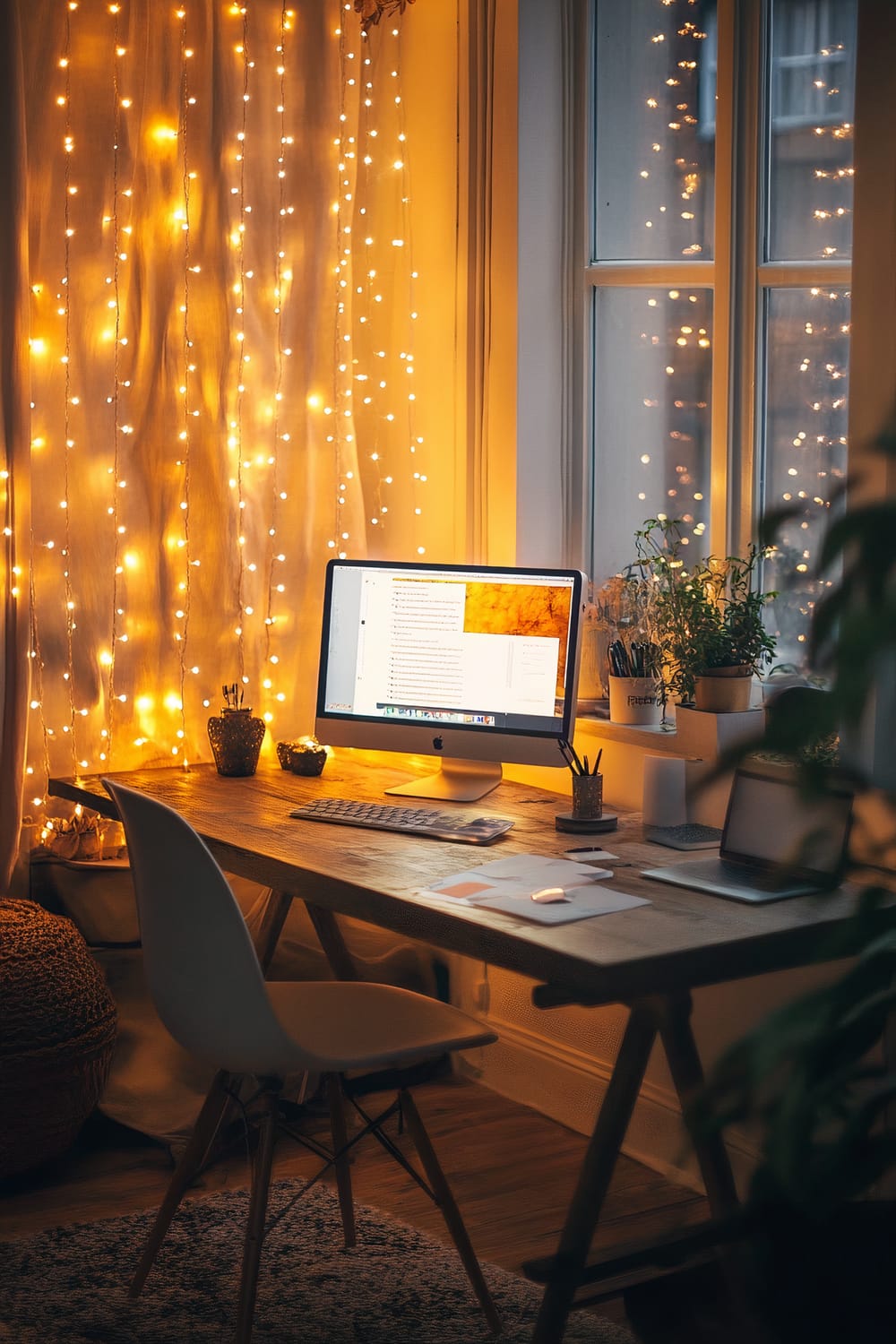 A cozy home office setup featuring a wooden desk with a computer, a laptop, and stationery items. The desk is placed by a window with sheer curtains and twinkling fairy lights, casting a warm, ambient glow. There are potted plants near the window, and a modern white chair completes the workspace. A pouf and a rug are visible under the desk.