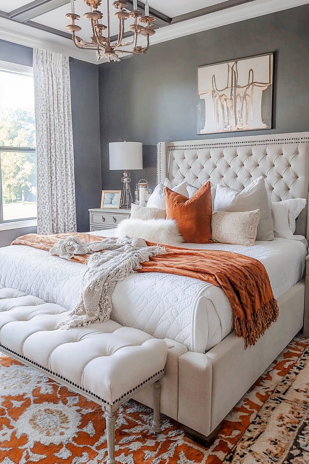 A sophisticated bedroom with a neutral color scheme featuring a plush, tufted headboard and a luxurious bed with white bedding accented by an orange throw blanket. The bed is complemented by a tufted bench at the foot and an intricate patterned rug. On the bedside table, there is a modern lamp, a framed picture, and other decorative items. The room also has a large window with patterned curtains and a statement chandelier hanging from a coffered ceiling.