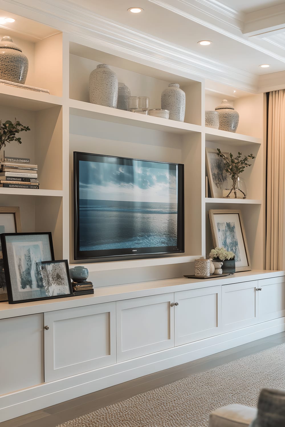 A modern living room featuring a TV wall with sleek shelving units that house contemporary art pieces in muted colors. The art pieces are subtly lit by spotlighting. The style emphasizes clean lines and an uncluttered aesthetic.