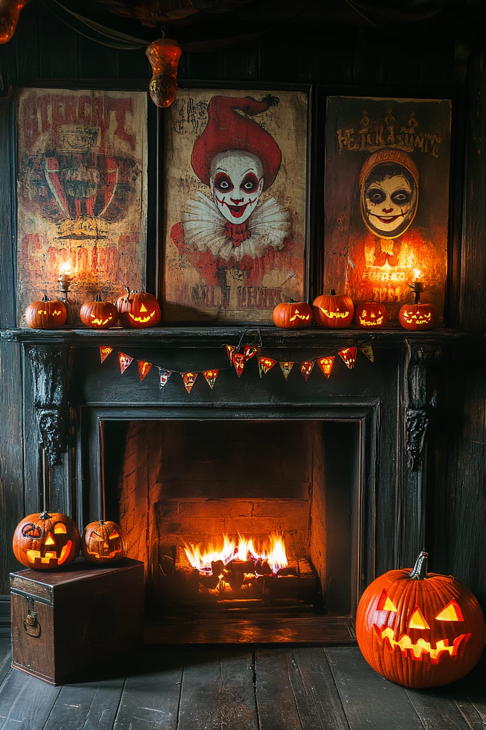 An eerie fireplace adorned with Halloween-themed circus decorations. The dark, vintage fireplace is topped with carved pumpkins that emit a warm glow. Above it hang three vintage circus posters featuring sinister clowns and acrobats. Flickering jack-o’-lanterns and a garland add to the macabre aesthetic.