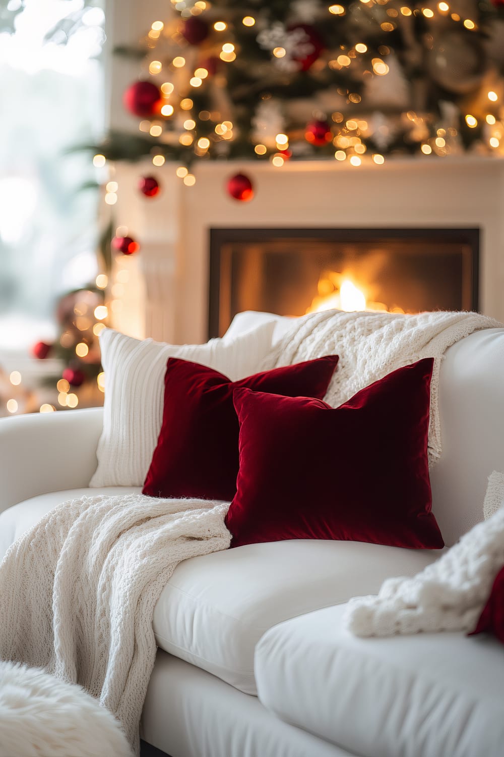 A plush white sofa adorned with two deep red velvet throw pillows and a soft white knitted blanket. Behind the sofa, a warmly lit fireplace adds ambiance, with Christmas ornaments and fairy lights decoratively draped around the mantle.