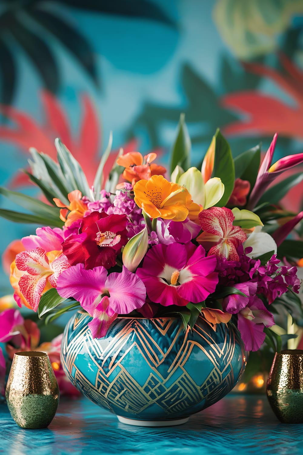 A vibrant dining table centerpiece with a large ceramic bowl painted in abstract geometric patterns of magenta, turquoise, and gold. The bowl is filled with fresh tropical flowers including hibiscus, birds of paradise, and orchids. The setting is brightened with decorative paper lanterns and touches of metallic gold. It is placed against a backdrop of a similar colorful wallpaper mural with focused lighting.