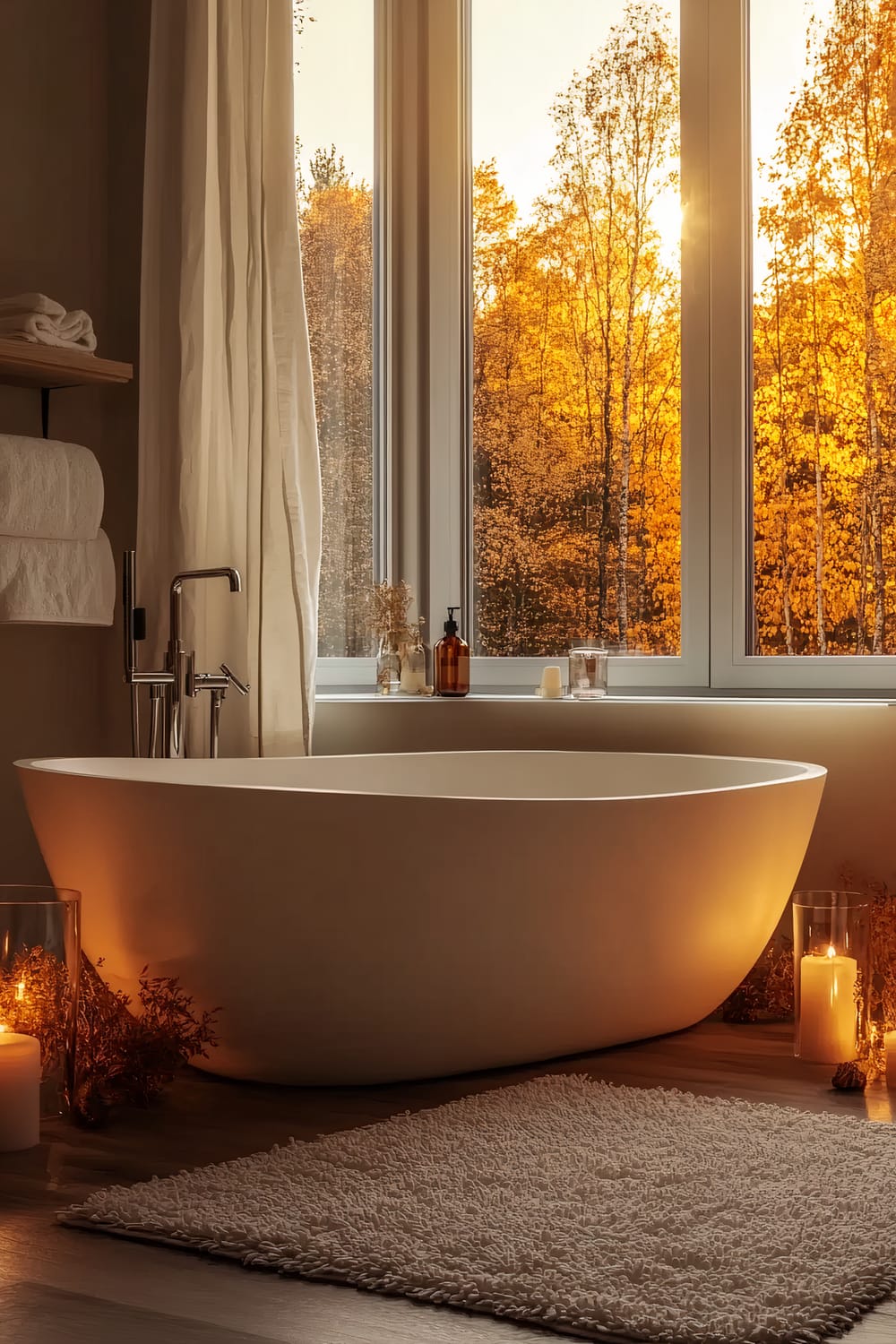 A serene bathroom decorated with a modern freestanding bathtub positioned close to a large window that showcases a vibrant autumn landscape with golden-yellow foliage. The room features earthy tones with a minimalist design, including a thick, cream-colored bath mat on the wooden floor. Various candles and small vases with dried plants add a sense of warmth and tranquility, while neatly folded towels are stored on a shelf.