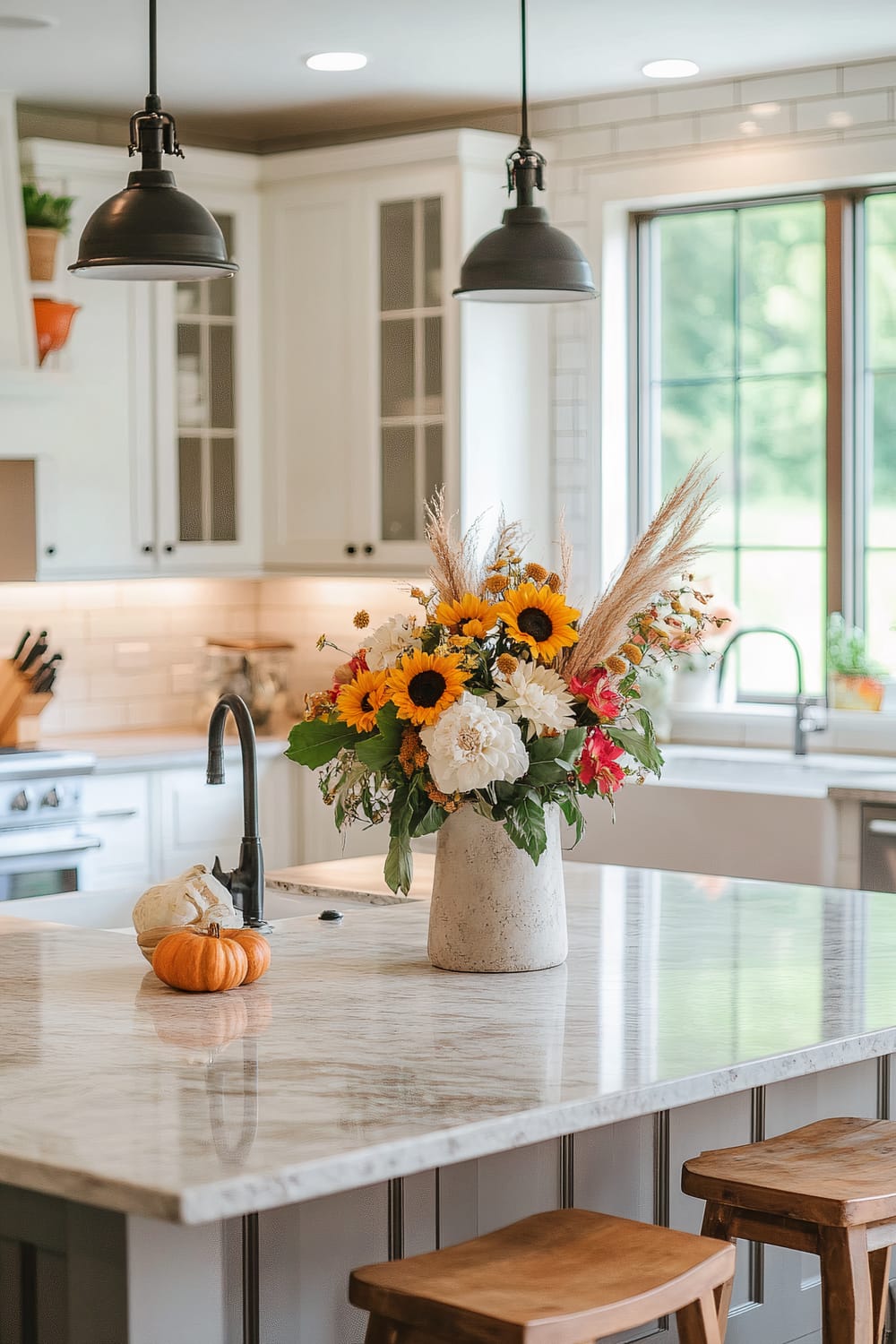 Kitchen island with marble countertop featuring a large vase of sunflowers, white roses, and other assorted flowers. Two pendant lights hang above the island, and there is a small pumpkin and white gourd next to the vase. White cabinetry and a large window in the background add to the bright, airy atmosphere.