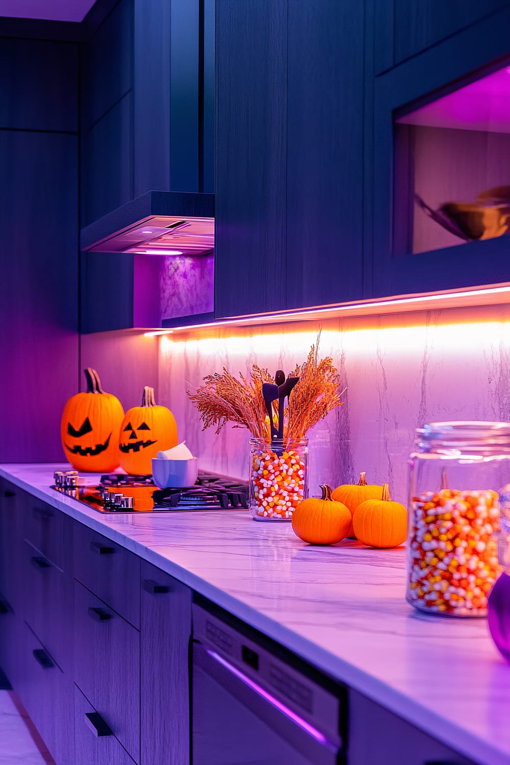 A modern kitchen with dark cabinetry illuminated by vibrant purple and orange lighting, creating a festive Halloween ambiance. The kitchen countertop is adorned with Halloween-themed decorations, including carved jack-o'-lanterns, jars filled with candy corn, small decorative pumpkins, and a glass jar holding kitchen utensils and dried wheat stalks. The sleek marble countertop complements the dark wood cabinets, and a gas stove is visible with a white bowl on one of the burners.