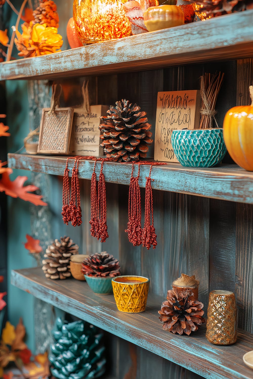 An artisan Thanksgiving craft display features handmade fall decorations on a blue-colored rustic wooden shelf. The shelf holds copper-painted pinecones, teal, and mustard macramé hangers, red and yellow ceramic ornaments, small wooden signs with autumn quotes, and various other festive items. The display is enhanced by soft, warm lighting that highlights the intricate details of the decorations.