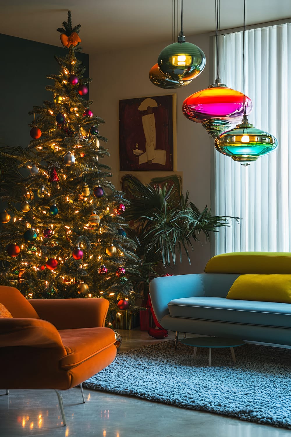 A retro-futuristic living room decorated for Christmas. The Christmas tree is adorned with metallic and neon ornaments and is lit with golden lights. The minimalist space features vibrant modern furniture including an orange chair and a blue sofa with a yellow pillow. Above the seating area, colorful glass pendant lights hang, adding to the festive atmosphere. A piece of modern art and some leafy plants are also visible in the background.